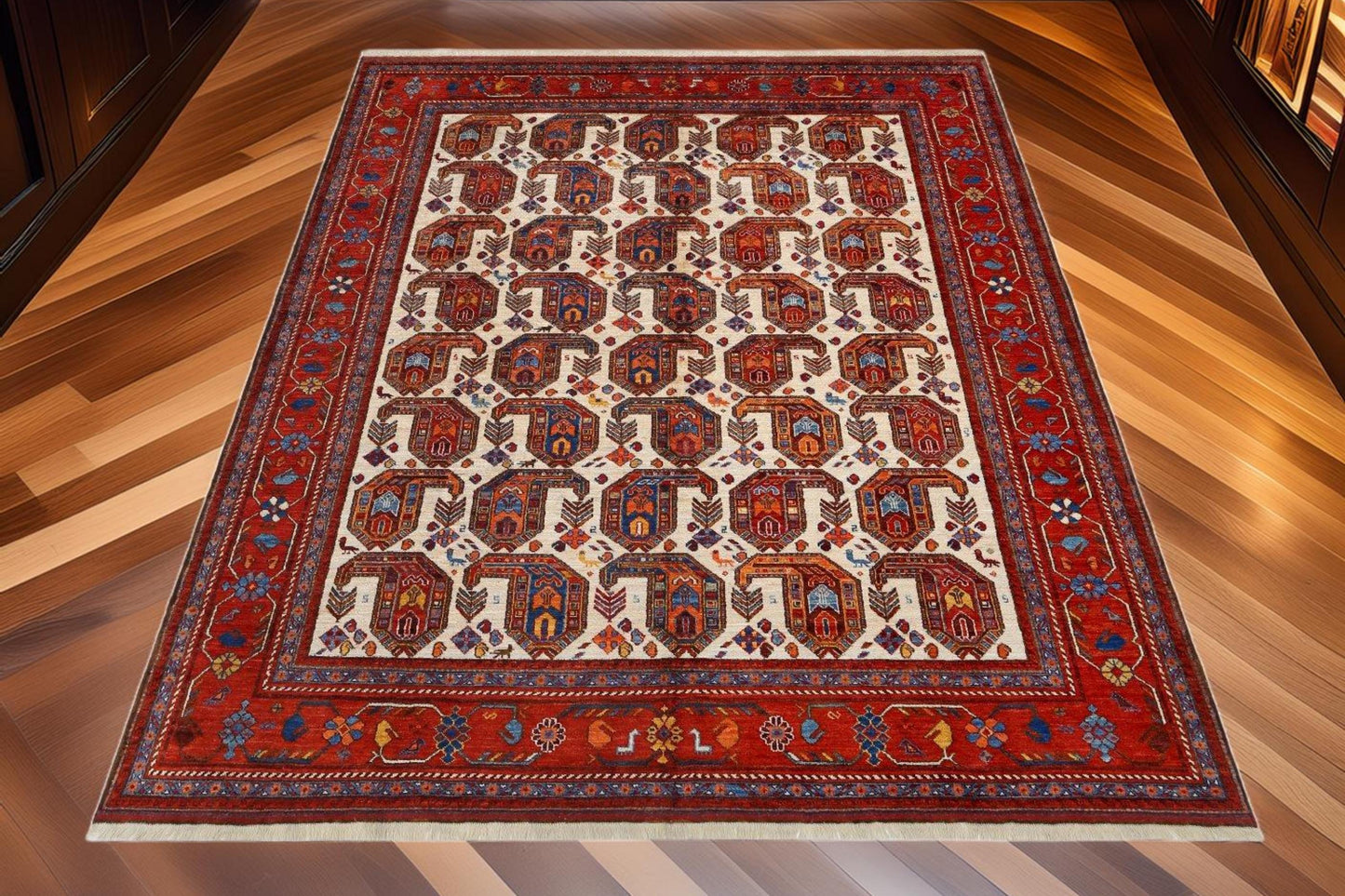 Handwoven Persian Abshar 8x10 ft Tribal Rug – Authentic Wool Carpet with Elephant Footprint Motif – Vintage Red & Ivory Oriental Area Rug