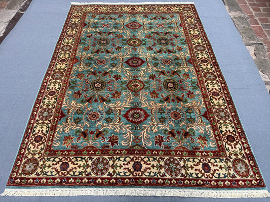 Handmade Floral Sultani Rug – Vintage Wool Persian Carpet, Turquoise & Ivory, Traditional Oriental Area Rug, Luxury Home Decor 5.9 x 8 FT