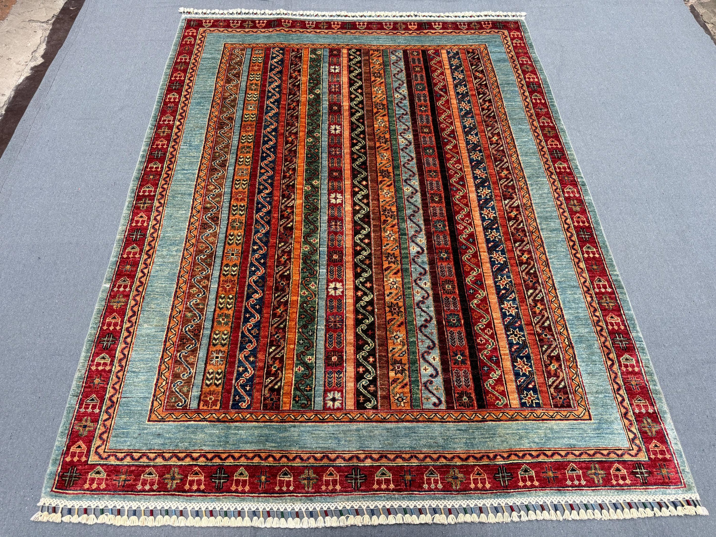 Handmade Floral Turkish Rug – Vintage Wool Kilim, Striped Nomadic Design, Bohemian Oriental Carpet, Traditional Tribal Area Rug 5 x 6.6 ft