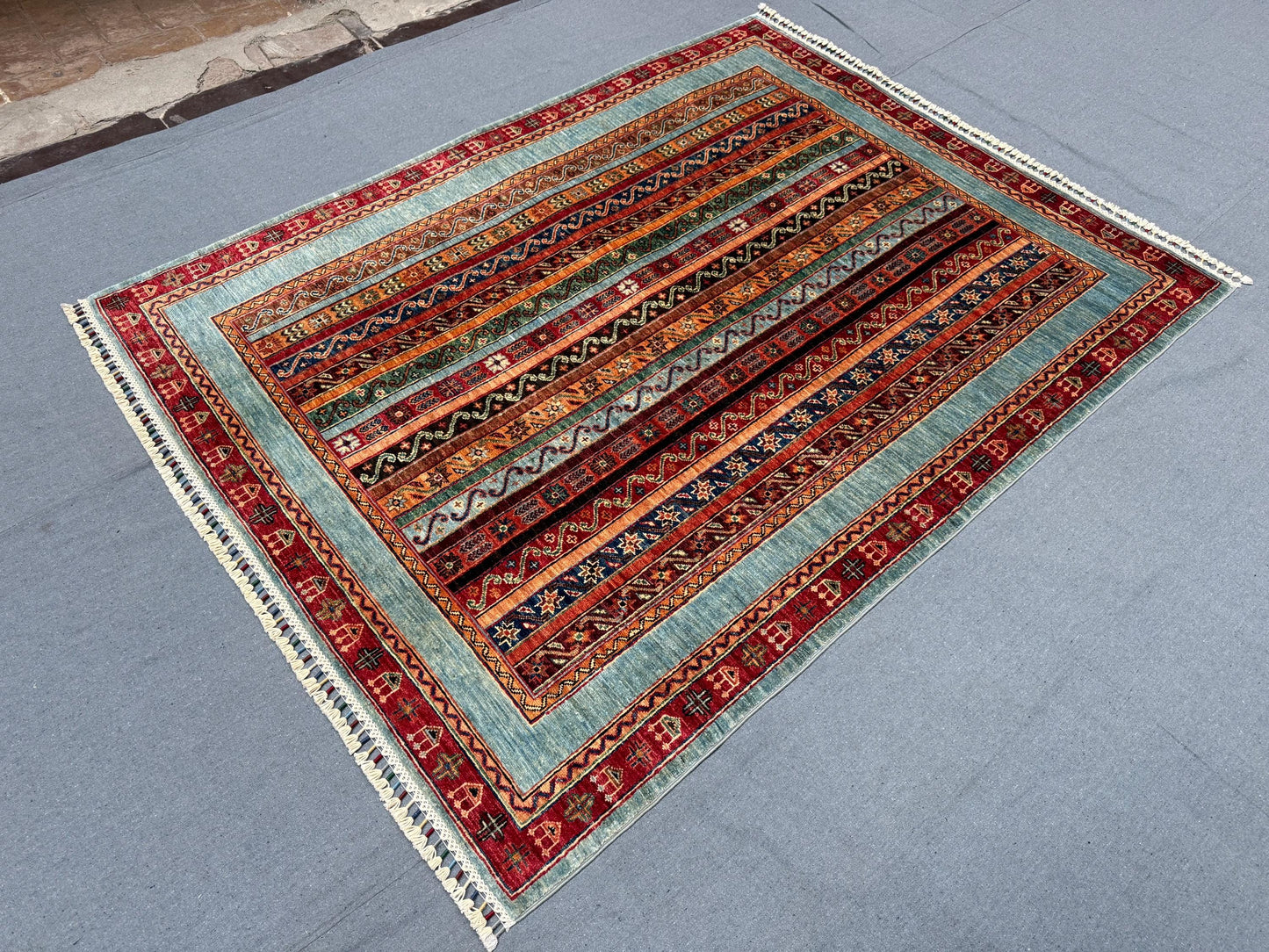 Handmade Floral Turkish Rug – Vintage Wool Kilim, Striped Nomadic Design, Bohemian Oriental Carpet, Traditional Tribal Area Rug 5 x 6.6 ft