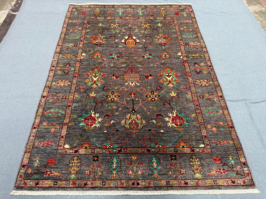 4.11 x 6.10 ft Handmade Floral Gray Sultani Rug – Vintage Wool Persian Carpet, Elegant Oriental Area Rug, Traditional Luxury Home Decor