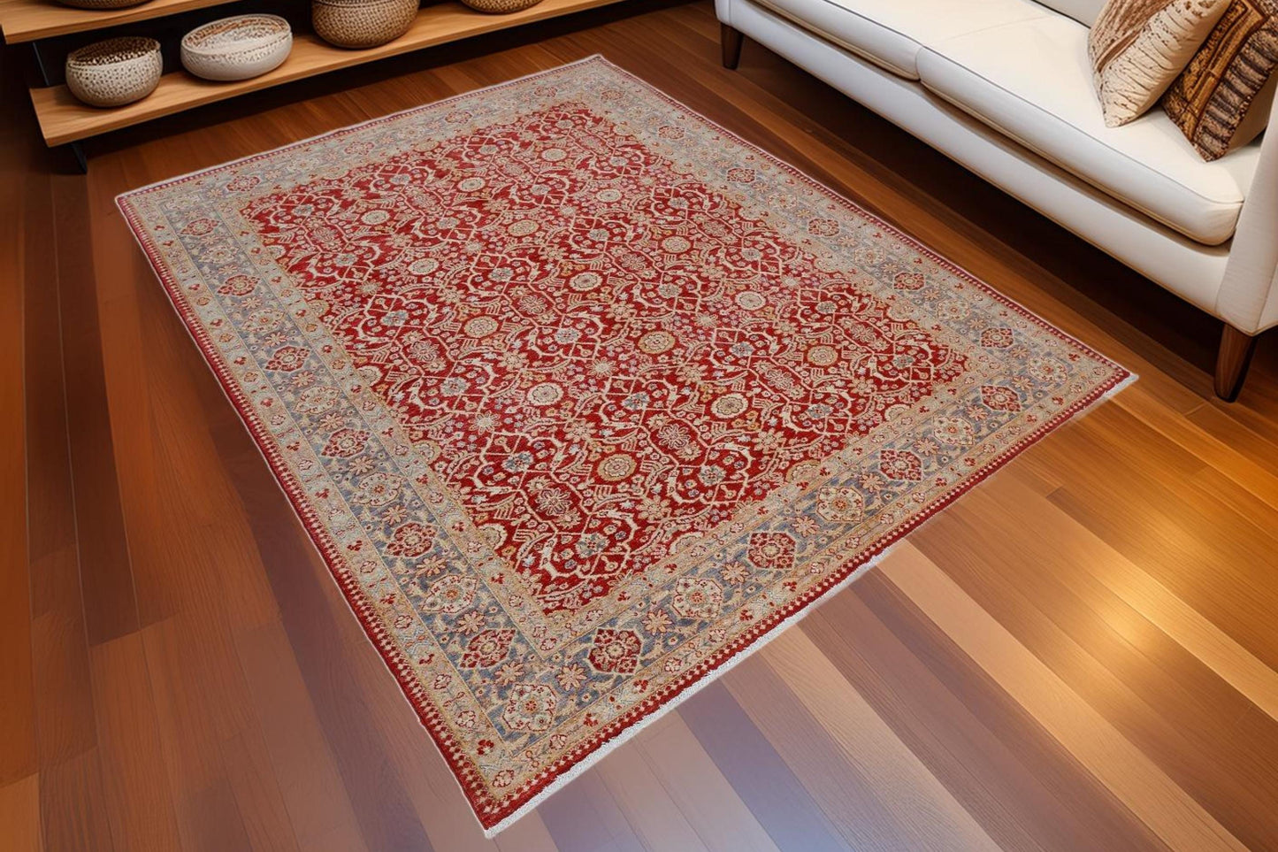 Hand-Knotted Persian Rug 5.7x7.2 ft – Luxurious Red & Blue Floral Wool Carpet – Traditional Oriental Area Rug for Home and Office