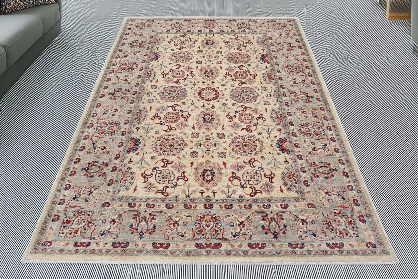 Hand-Knotted Persian Rug 5.6x7.6 ft – Ivory & Blue Wool Carpet with Floral Medallion – Elegant Traditional Area Rug for Home and Office