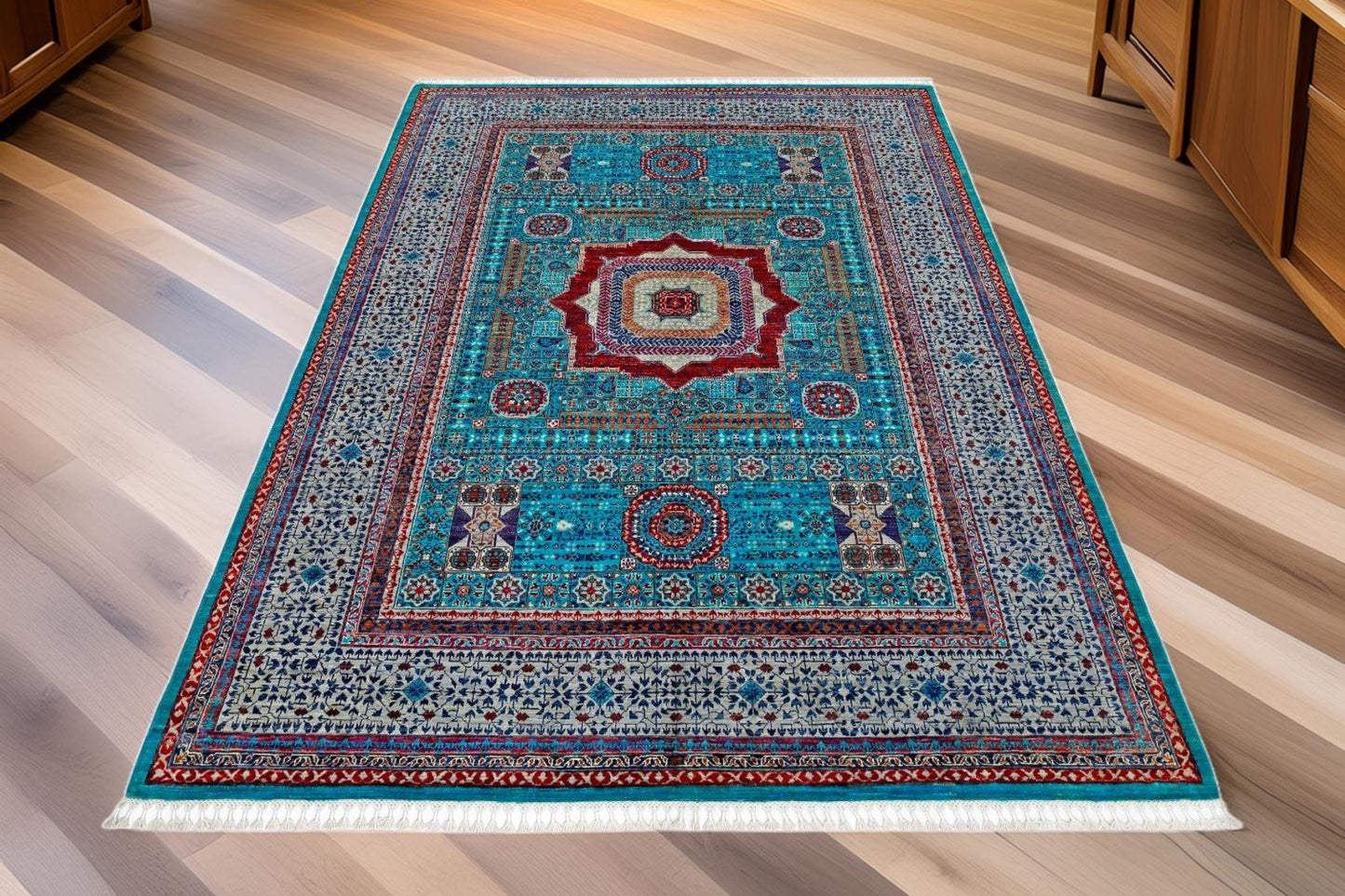 Authentic Handwoven Persian Wool Silk Rug 6.8x9.7ft–Blue,Red Traditional Floral Medallion Carpet–Luxurious Oriental Area Rug for Home,Office