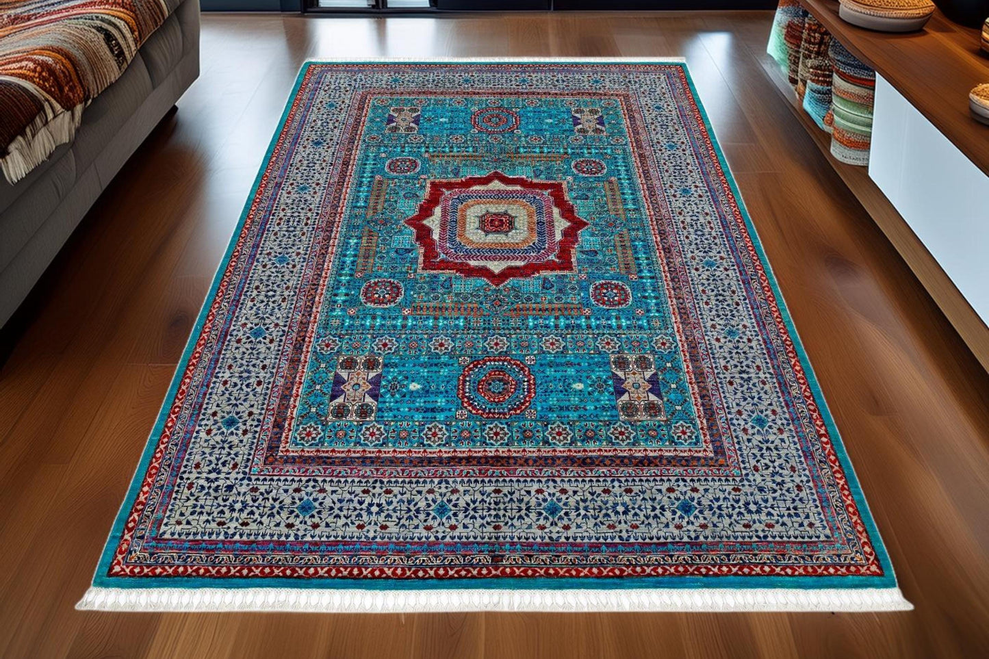 Authentic Handwoven Persian Wool Silk Rug 6.8x9.7ft–Blue,Red Traditional Floral Medallion Carpet–Luxurious Oriental Area Rug for Home,Office