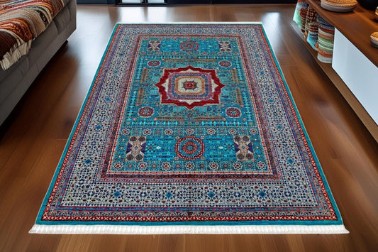 Authentic Handwoven Persian Wool Silk Rug 6.8x9.7ft–Blue,Red Traditional Floral Medallion Carpet–Luxurious Oriental Area Rug for Home,Office