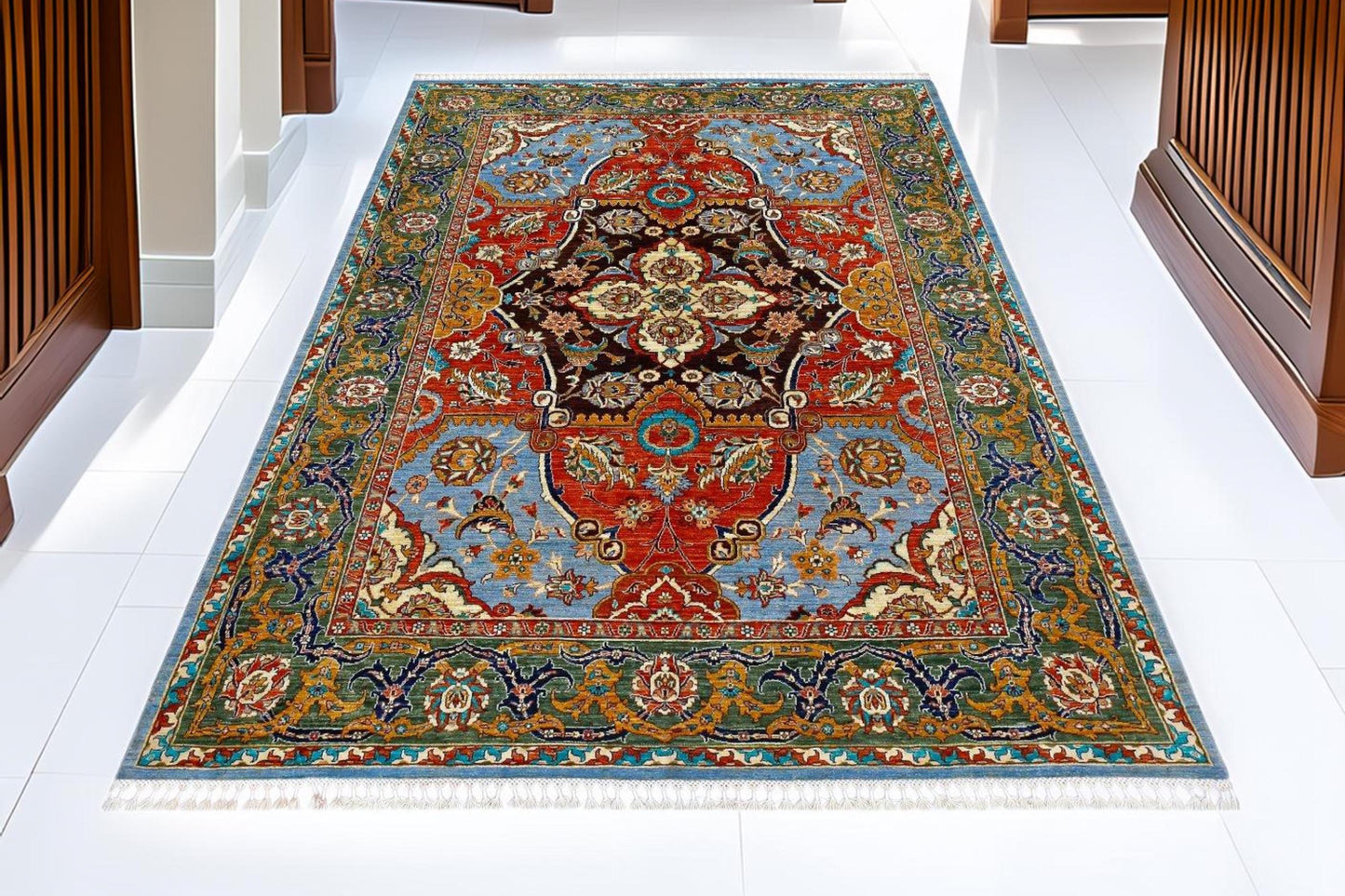 Handwoven Persian Wool Silk Rug 6.5x9.3 ft – Blue, Red & Gold Medallion Carpet – Luxury Oriental Wool Rug for Living Room , Home Decor