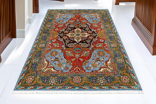 Handwoven Persian Wool Silk Rug 6.5x9.3 ft – Blue, Red & Gold Medallion Carpet – Luxury Oriental Wool Rug for Living Room , Home Decor