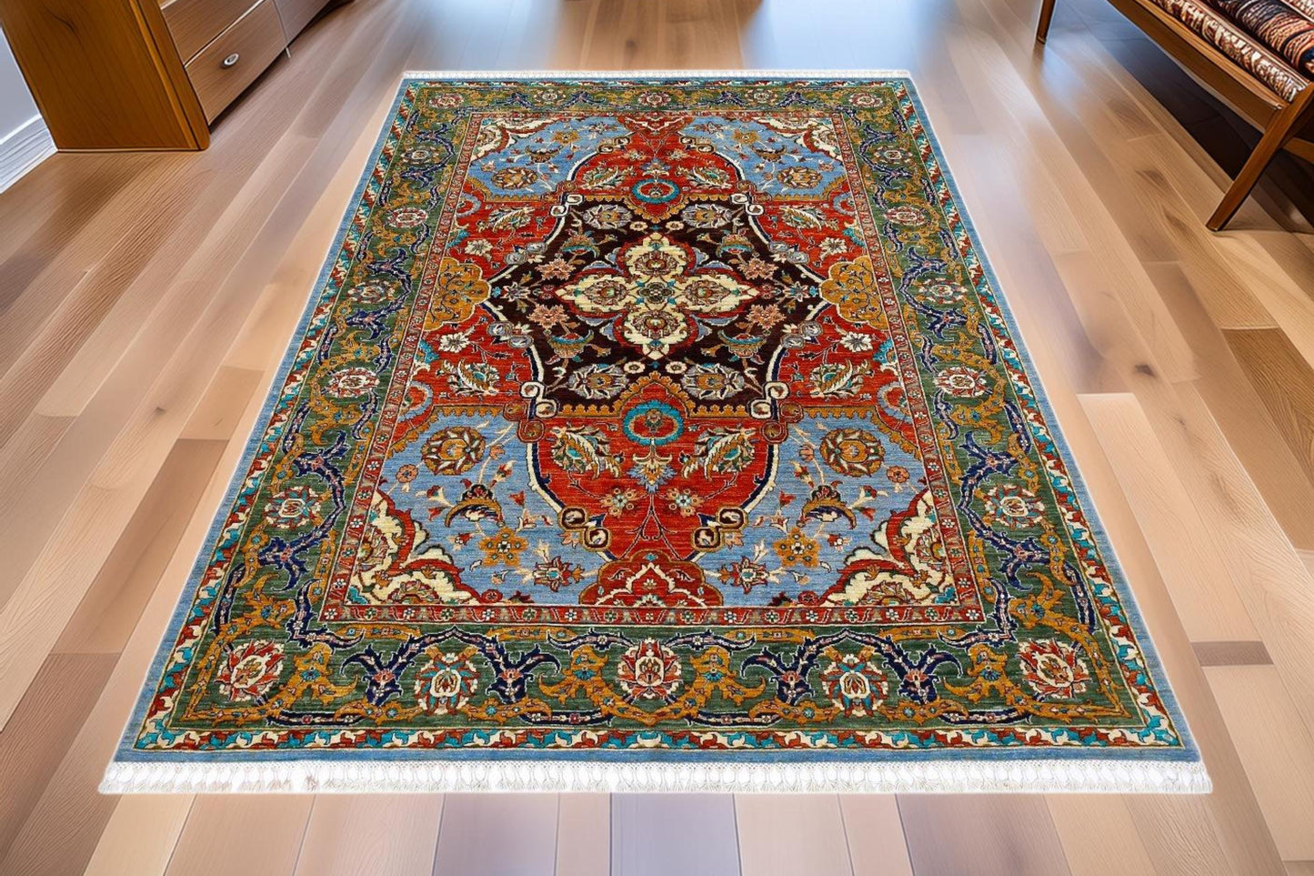 Handwoven Persian Wool Silk Rug 6.5x9.3 ft – Blue, Red & Gold Medallion Carpet – Luxury Oriental Wool Rug for Living Room , Home Decor