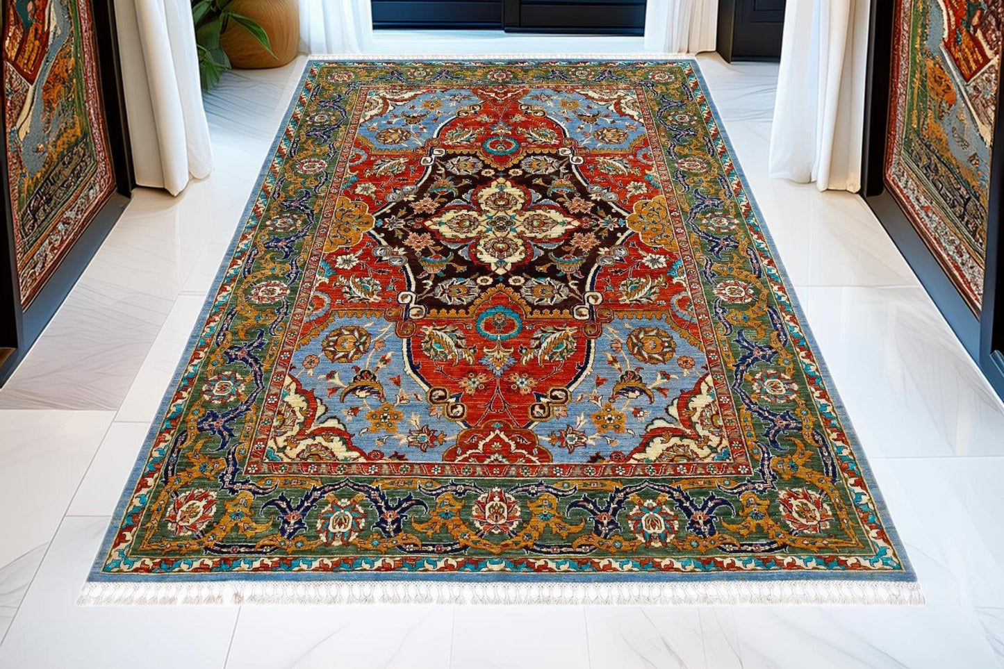 Handwoven Persian Wool Silk Rug 6.5x9.3 ft – Blue, Red & Gold Medallion Carpet – Luxury Oriental Wool Rug for Living Room , Home Decor