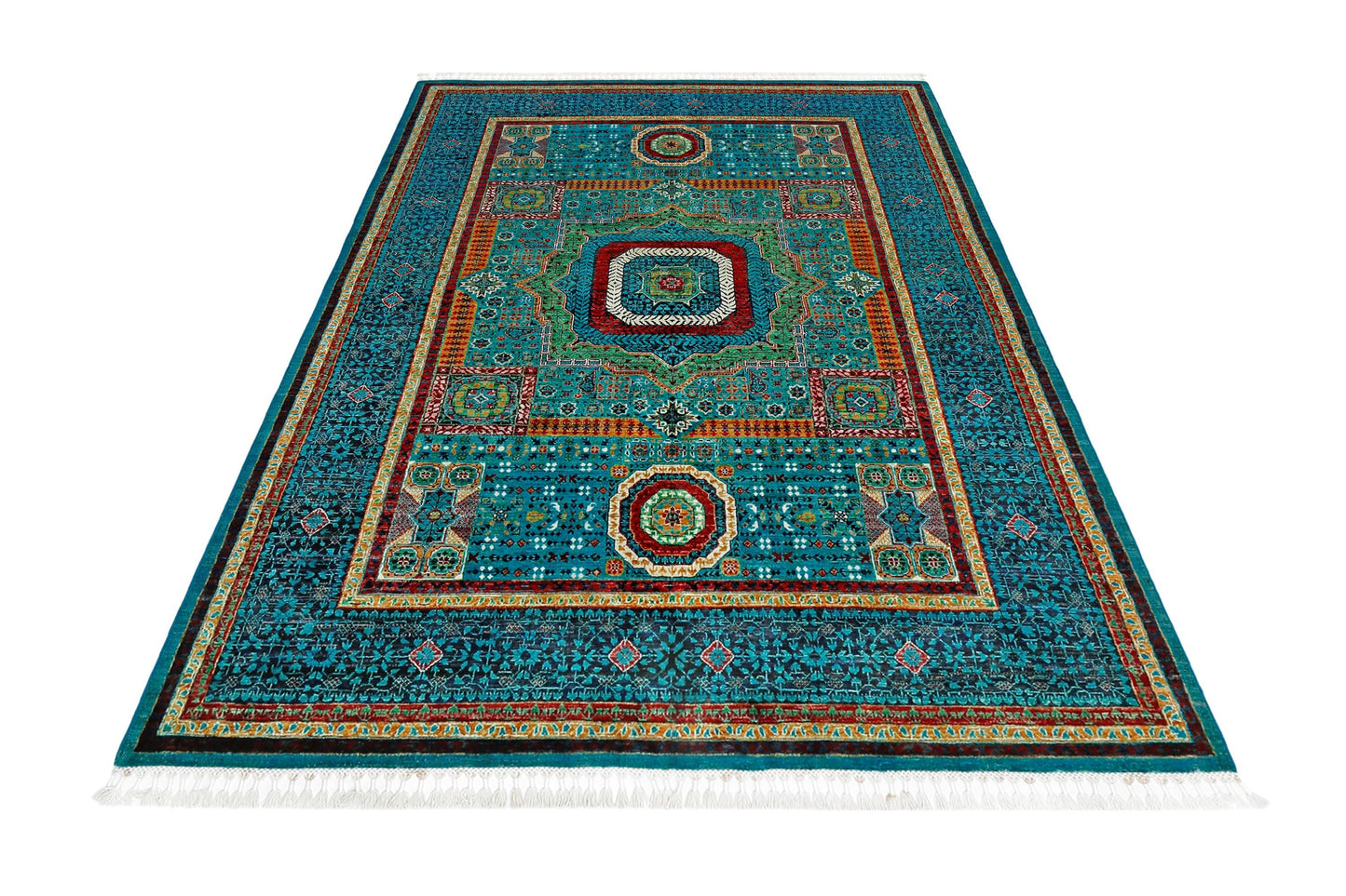 Handwoven Persian Wool Silk Rug 5.6x7.8 ft – Intricate Turquoise & Gold Medallion Carpet – Luxury Oriental Wool Rug for Elegant Interiors