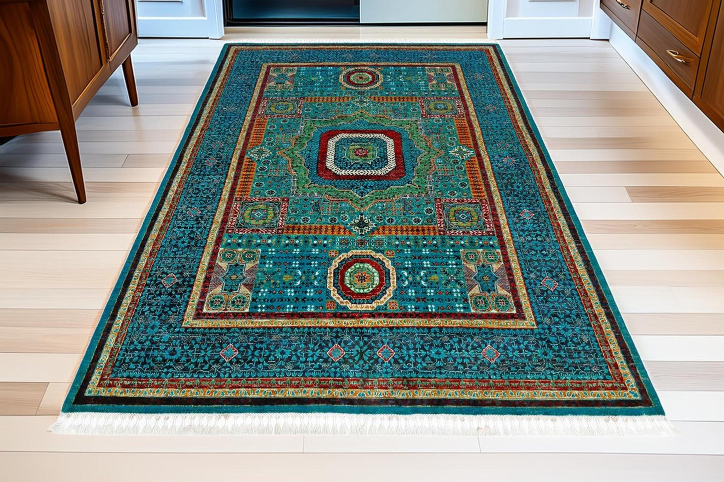 Handwoven Persian Wool Silk Rug 5.6x7.8 ft – Intricate Turquoise & Gold Medallion Carpet – Luxury Oriental Wool Rug for Elegant Interiors