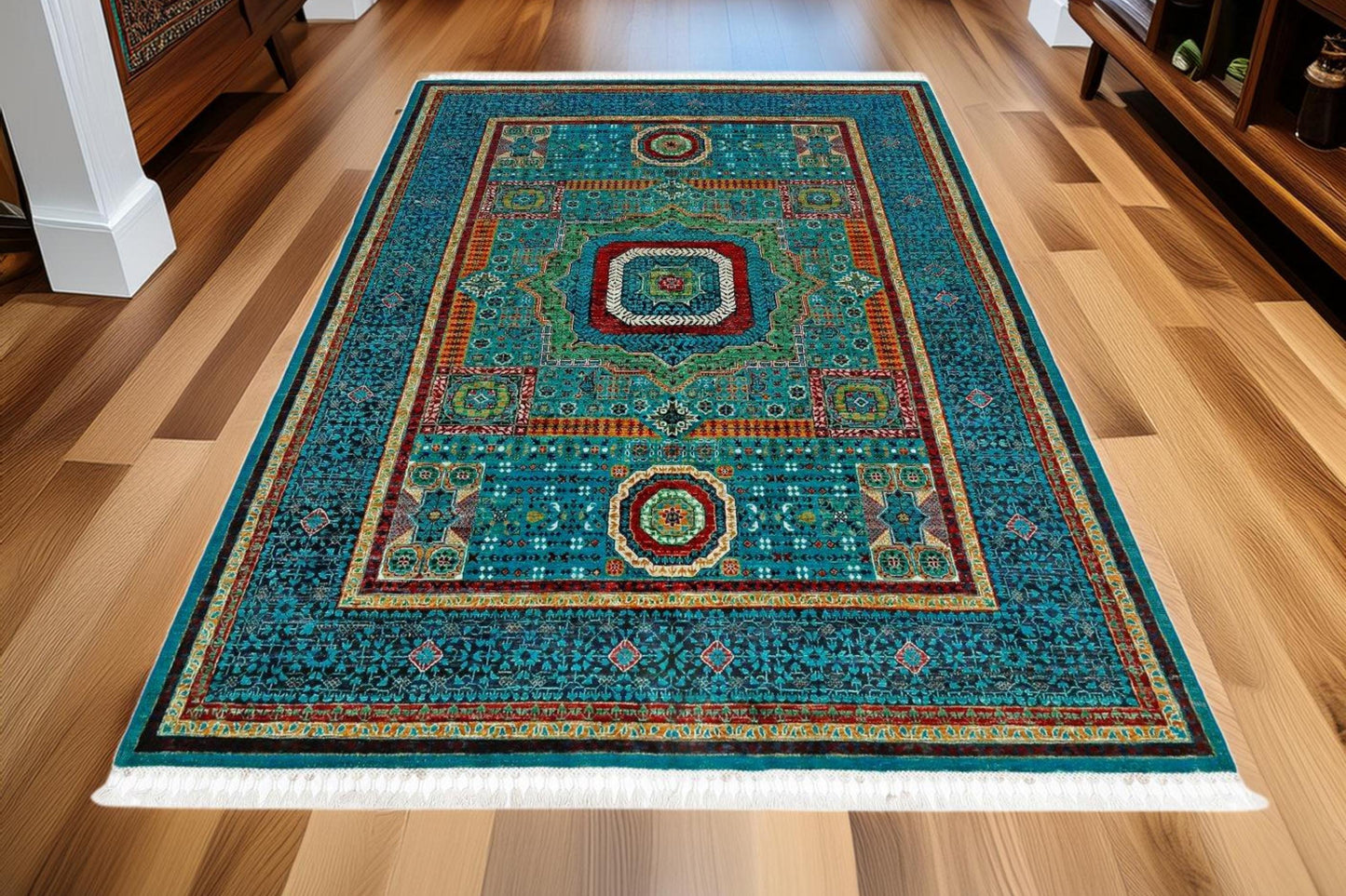 Handwoven Persian Wool Silk Rug 5.6x7.8 ft – Intricate Turquoise & Gold Medallion Carpet – Luxury Oriental Wool Rug for Elegant Interiors