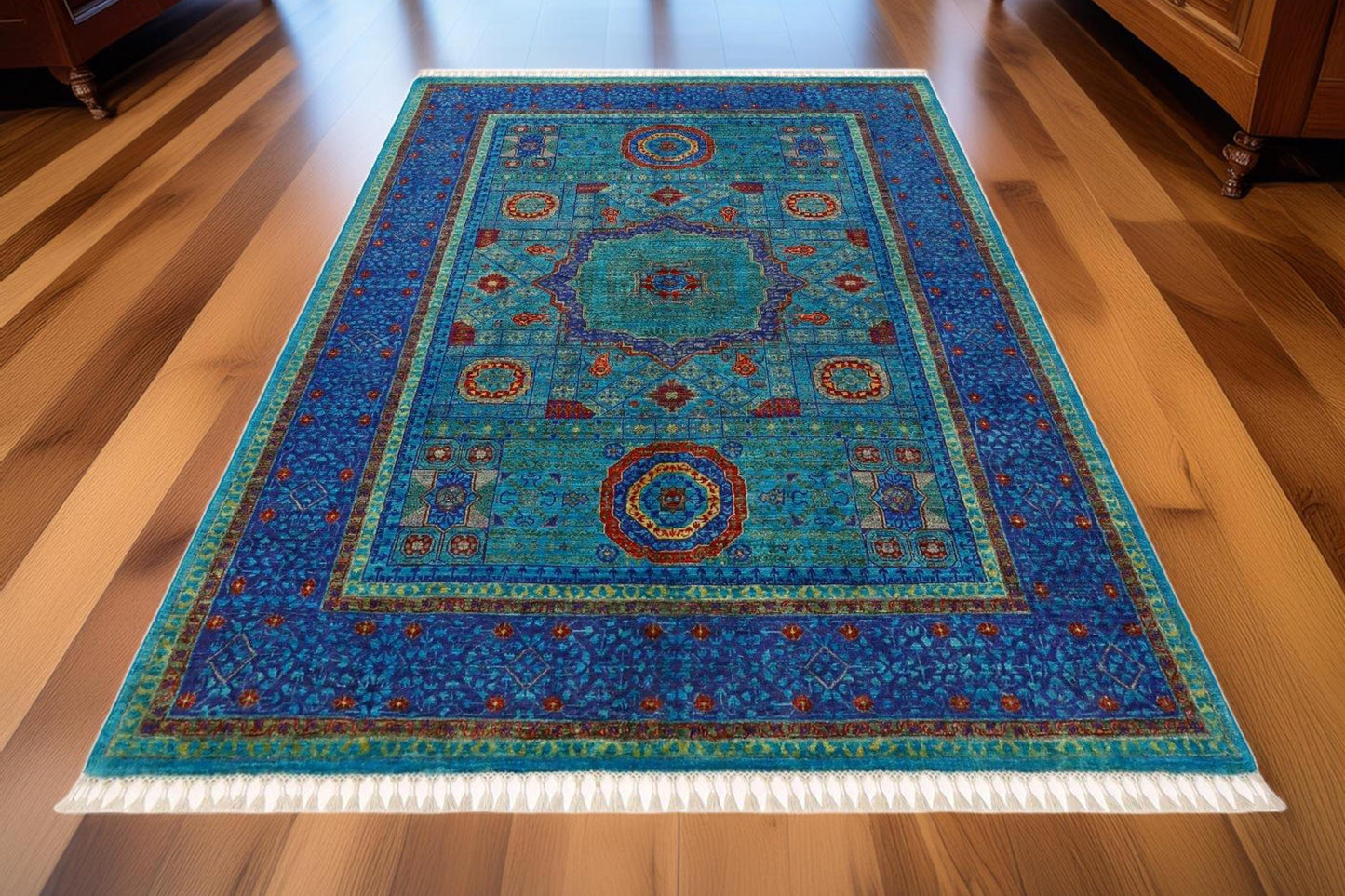 Hand-Knotted Persian Wool Rug 5.6x7.3 ft – Luxurious Blue & Gold Medallion Carpet – Traditional Oriental Wool Area Rug for Home , Office