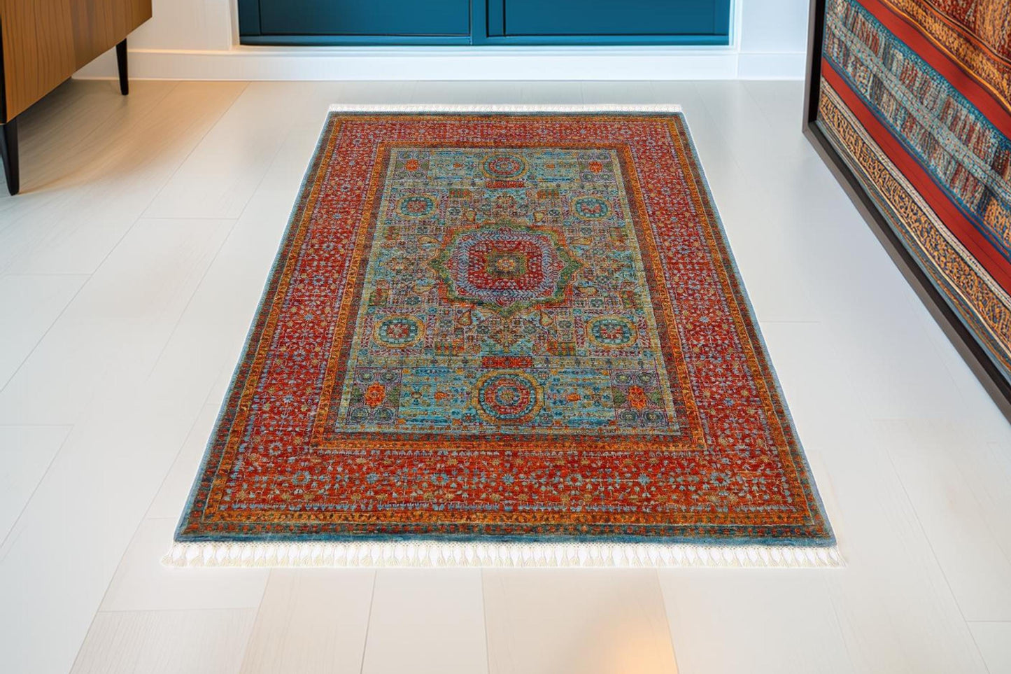 Handmade Modern Persian Rug 5.1x6.4 | Traditional Oriental Area Carpet | Red & Blue Wool Rug | Bohemian Home Décor|Unique Persian Floor Art