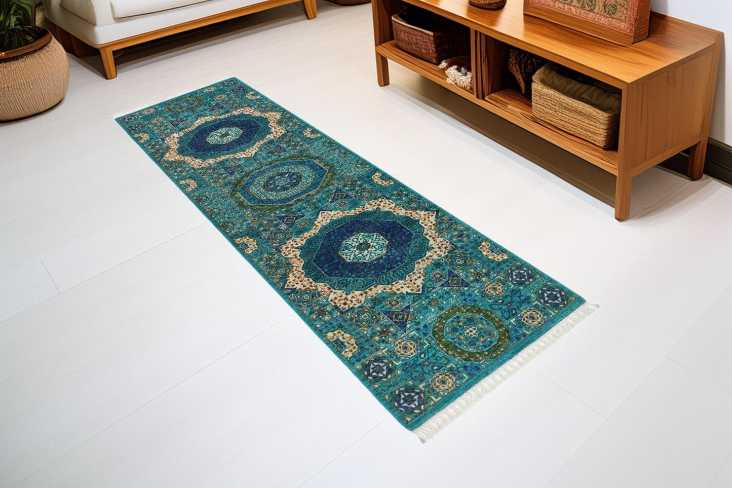 Hand-Knotted Persian Runner Rug 2.7x9 | Blue & Ivory Wool Hallway Carpet | Long Oriental Runner | Handmade Corridor and Entryway Décor