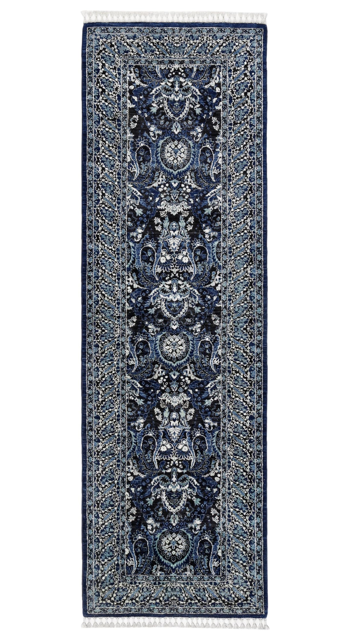 Hand-Knotted Persian Runner Rug 3x9.4 | Navy Blue & Ivory Wool Hallway Carpet | Elegant Handmade Corridor and Entryway Rug