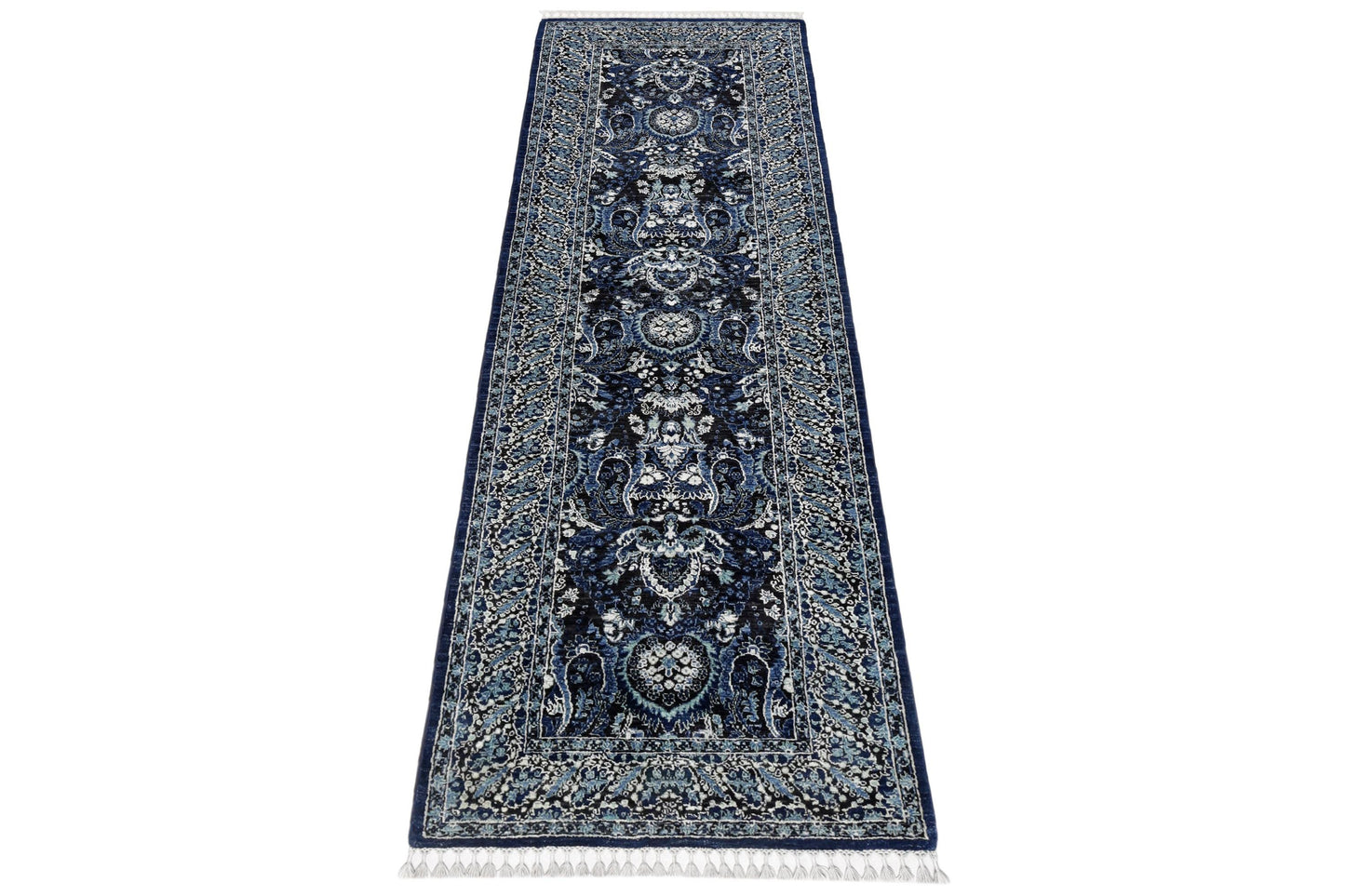 Hand-Knotted Persian Runner Rug 3x9.4 | Navy Blue & Ivory Wool Hallway Carpet | Elegant Handmade Corridor and Entryway Rug