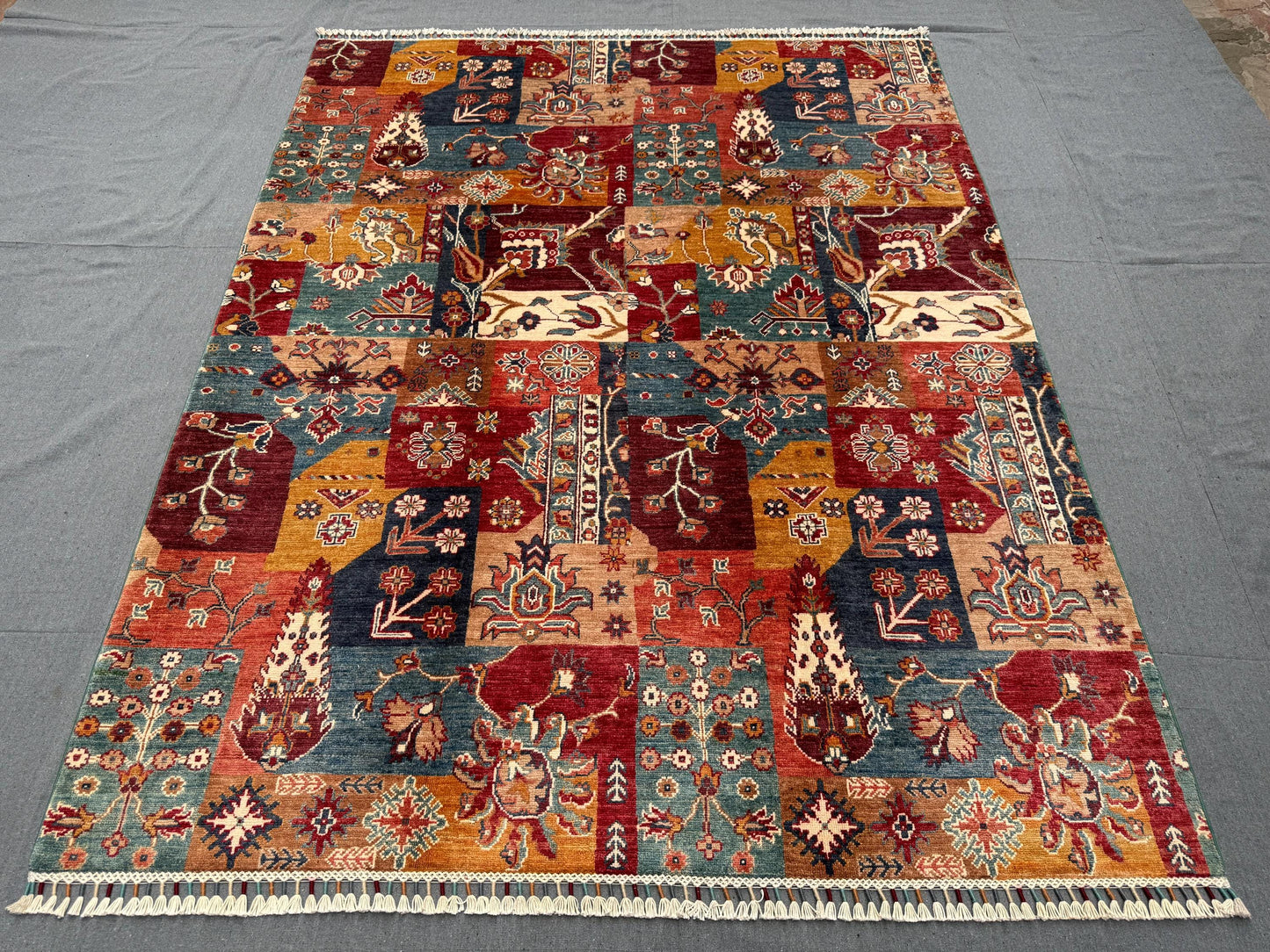 Handmade Patchwork Wool Rug 5x7 | Modern Colors Hand-Knotted Area Rug | Multicolor Bohemian Carpet,Persian & Turkish Wool Living room rug.