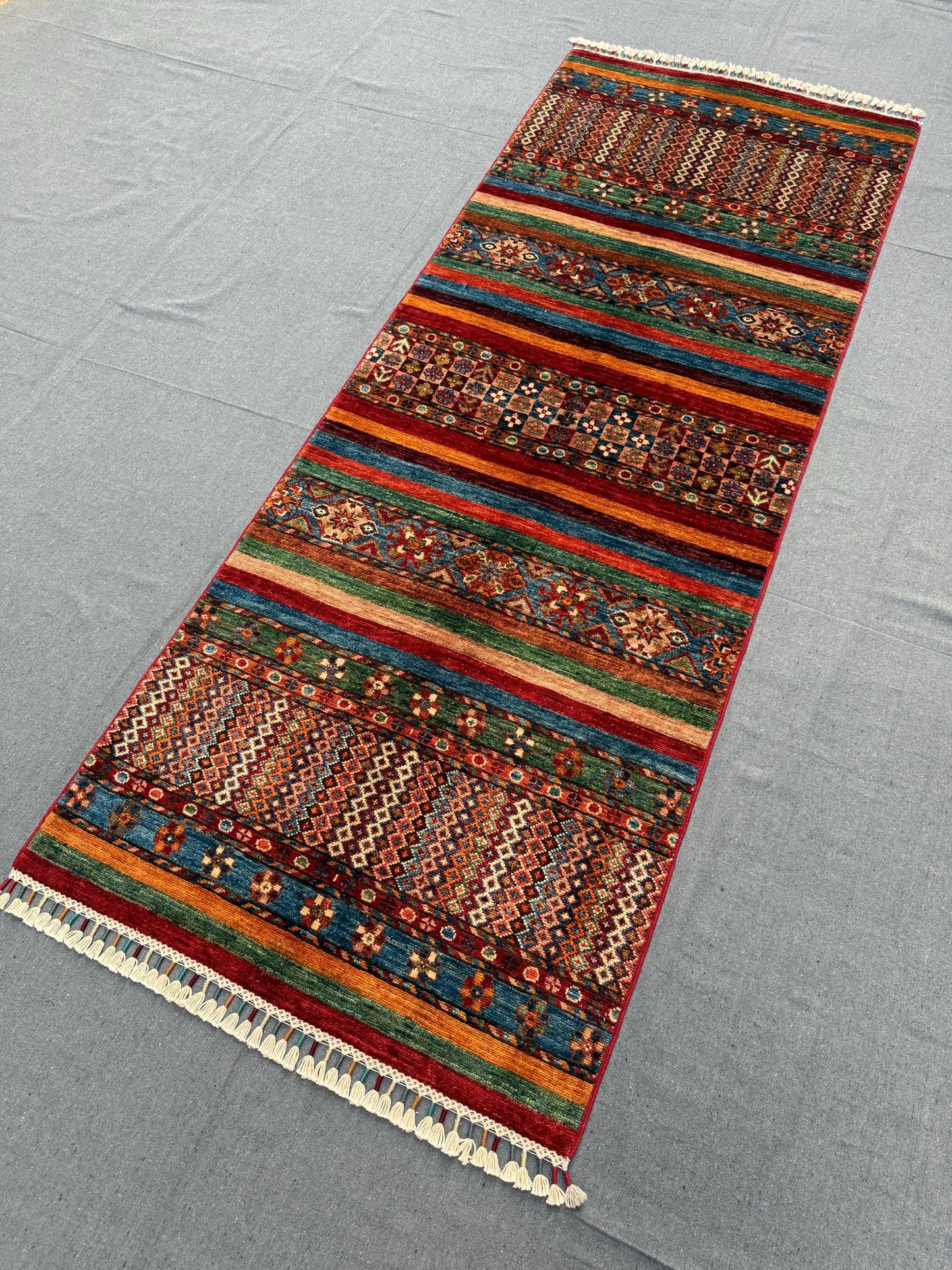 Hand-Knotted Khorjin Wool Runner Rug 2.8x7 | Striped Tribal Hallway Carpet | Handmade Vintage Runner,Red Bohemian Runner Hallway Rug,3x7