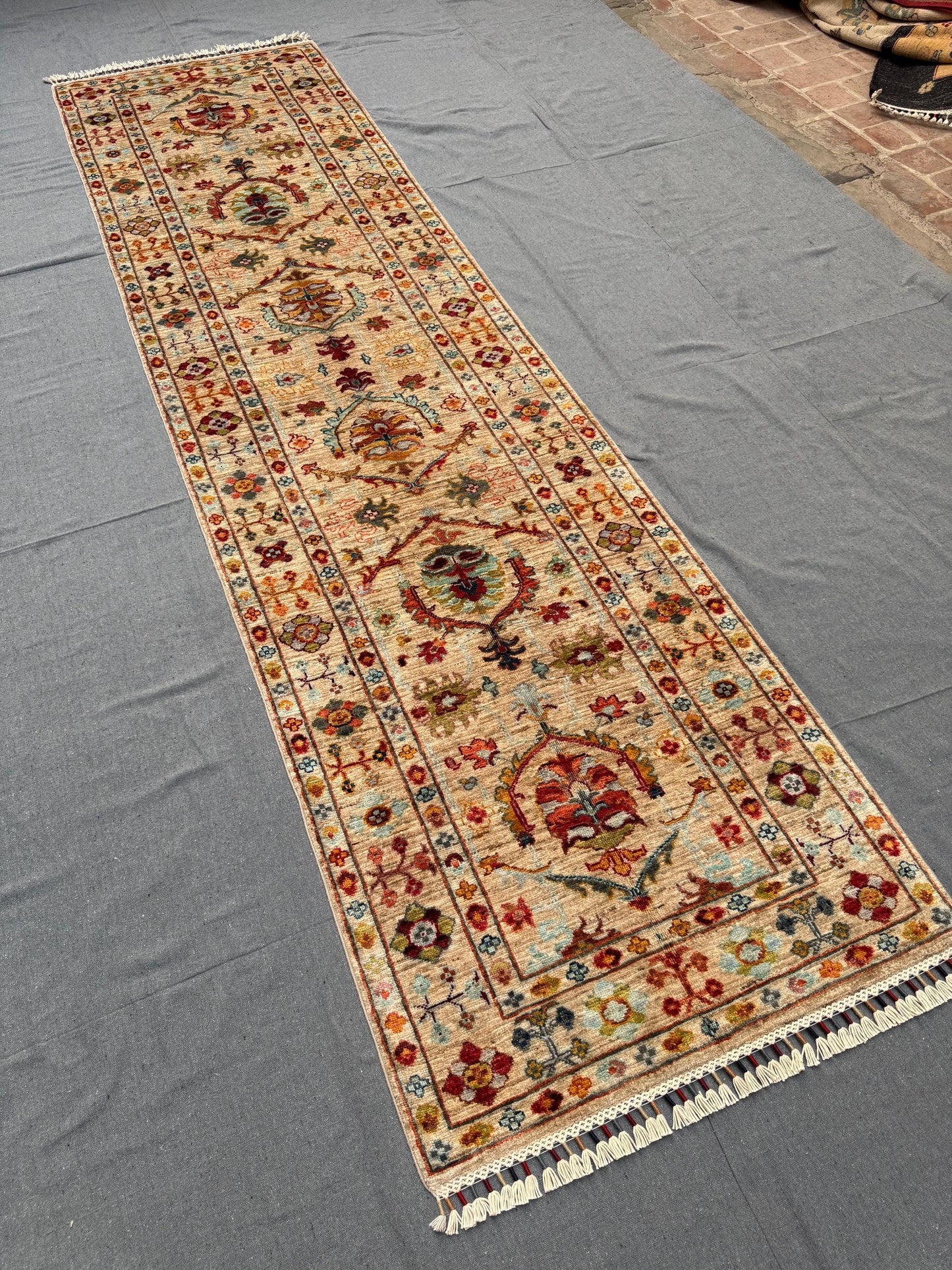 Hand-Knotted Sultani Wool Runner Rug 2'9''x10'2'' |Traditional Floral Hallway Carpet | Handmade Beige & Multi-Color Runner,Modern runner rug