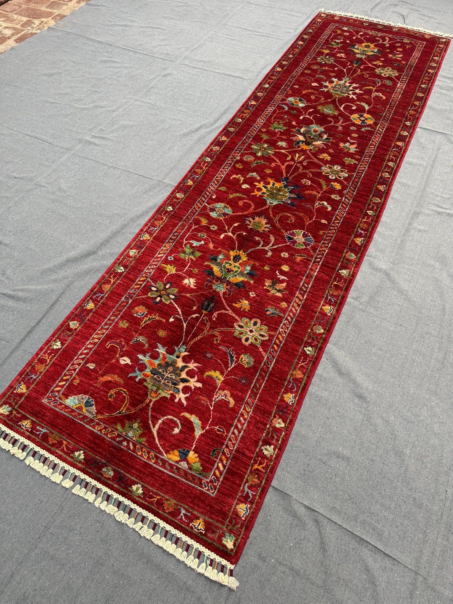 Hand-Knotted Sultani Wool Runner Rug 2.9x9.7 | Traditional Floral Red Hallway Carpet | Handmade Luxury Runner,Vibrant Colorful runner rug.