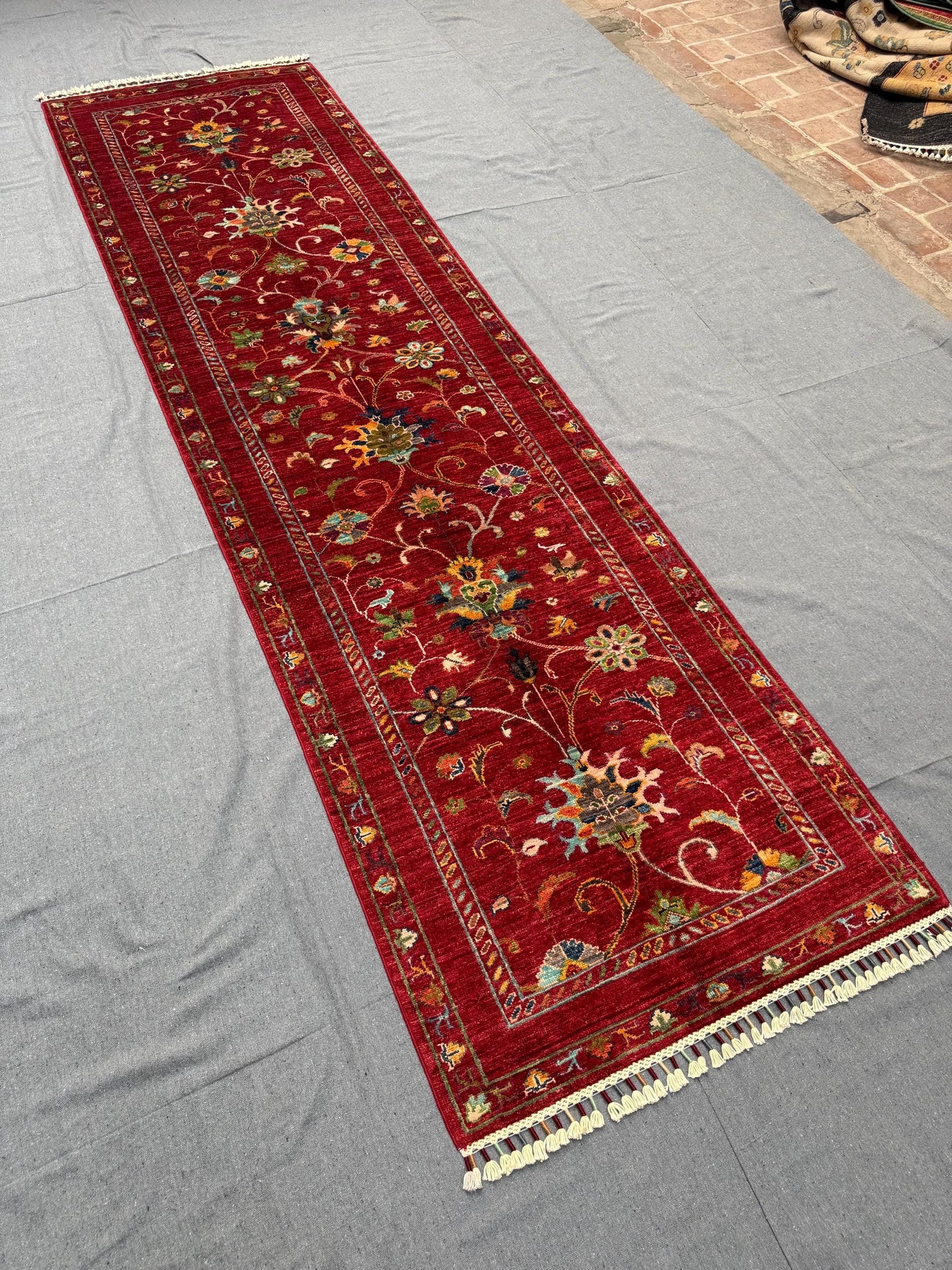 Hand-Knotted Sultani Wool Runner Rug 2.9x9.7 | Traditional Floral Red Hallway Carpet | Handmade Luxury Runner,Vibrant Colorful runner rug.