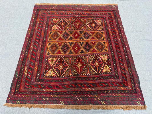 Antique Turkish Afghan Tribal Rug - Handwoven Wool Oriental Carpet - Dark Red, Brown & Gold Geometric Nomadic Kilim 3.10 x 4.3 ft