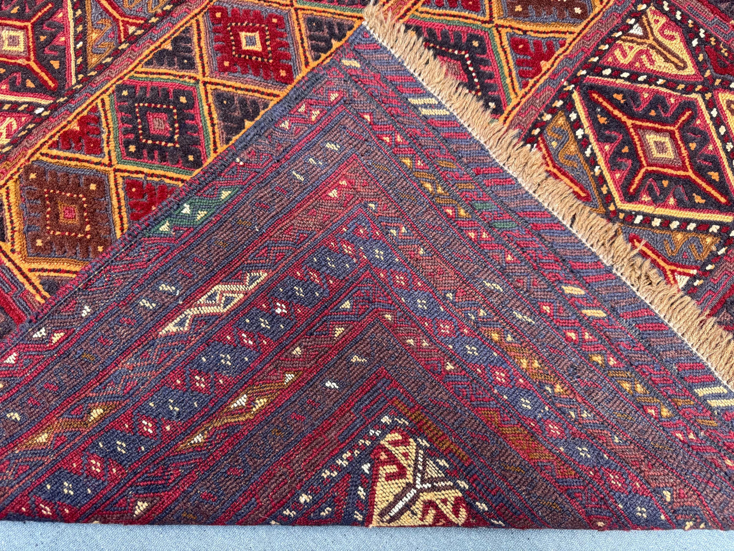 Antique Turkish Afghan Tribal Rug - Handwoven Wool Oriental Carpet - Dark Red, Brown & Gold Geometric Nomadic Kilim 3.10 x 4.3 ft