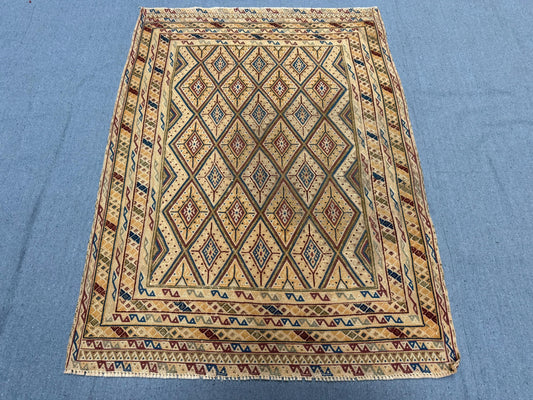 Vintage Turkish Afghan Kilim Rug - Handmade Wool Tribal Carpet - Beige, Blue & Red Geometric Bohemian Area Rug 3.2 x 4.3 ft