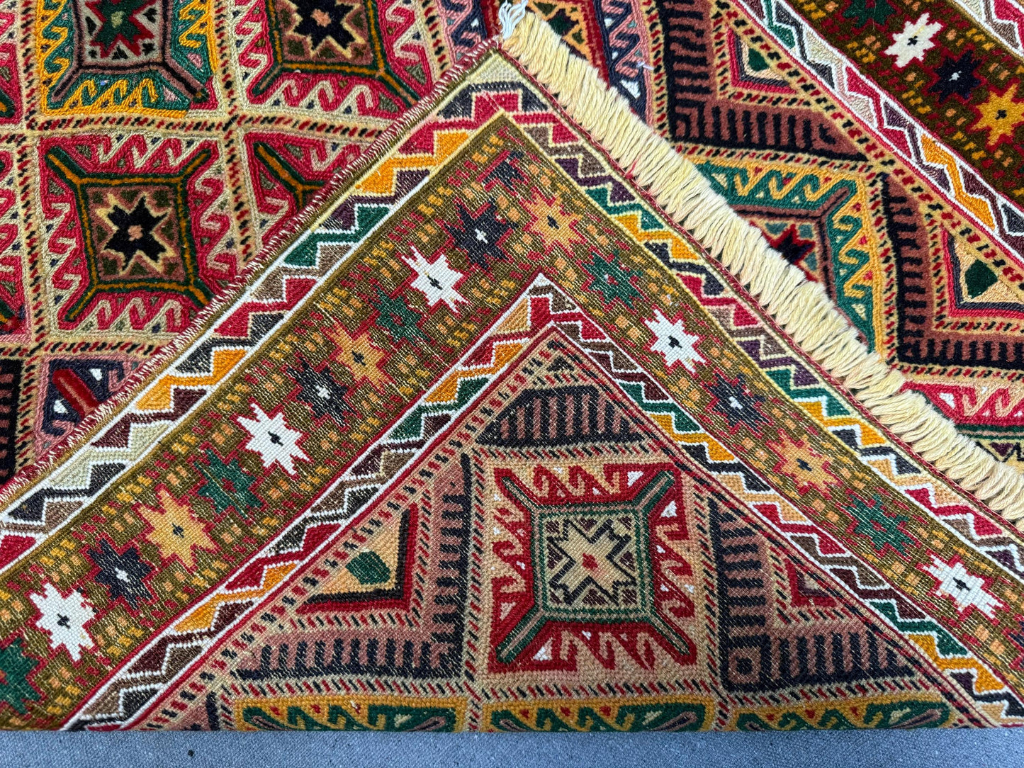 Handwoven Turkish Afghan Runner Rug - Vintage Wool Tribal Hallway Carpet - Red, Green & Gold Geometric Kilim 2.5 x 4.3 ft