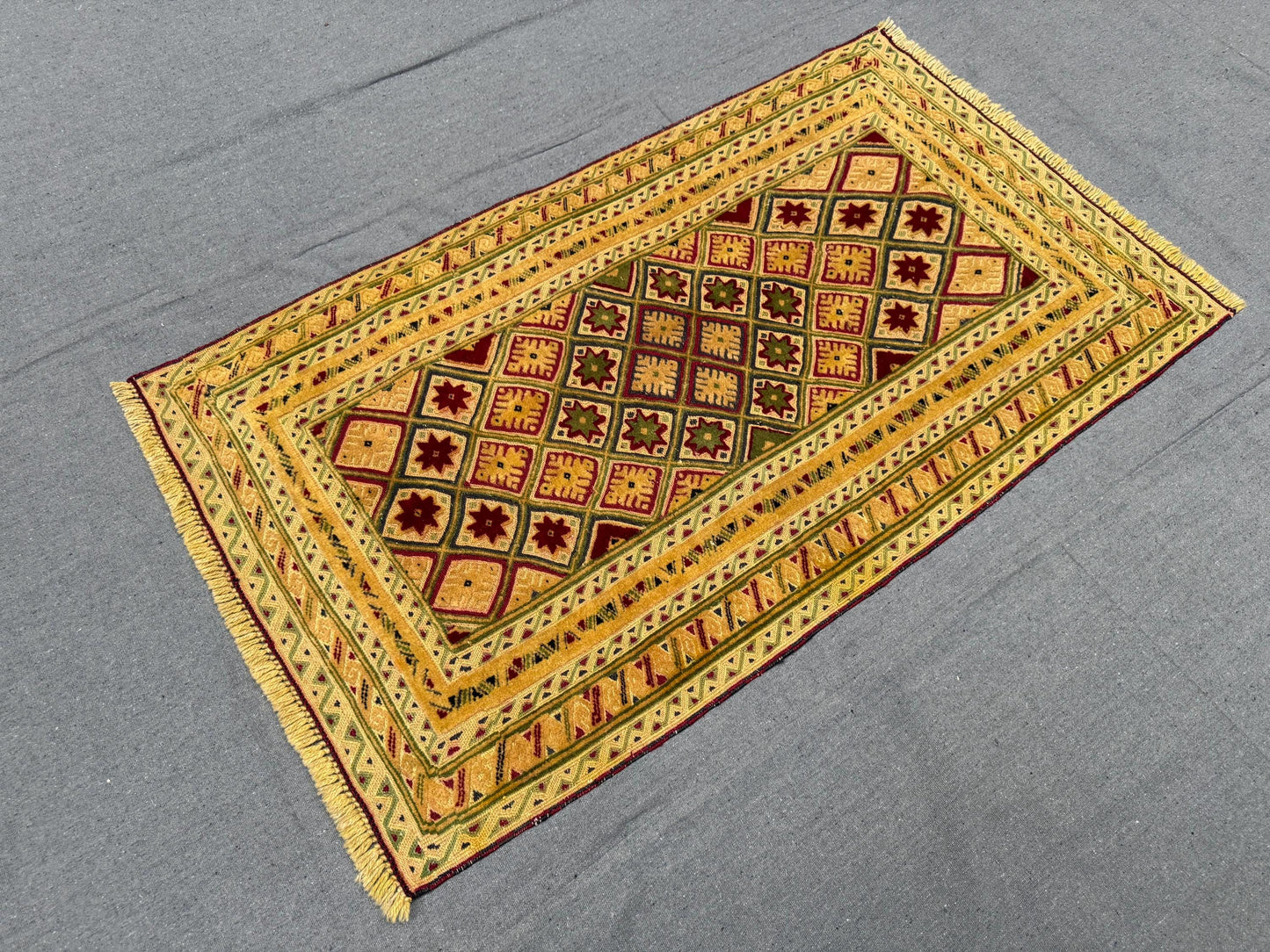 Handwoven Turkish Afghan Runner Rug - Vintage Wool Tribal Carpet - Gold, Red & Green Geometric Bohemian Hallway Rug 2.5 x 4.2 ft