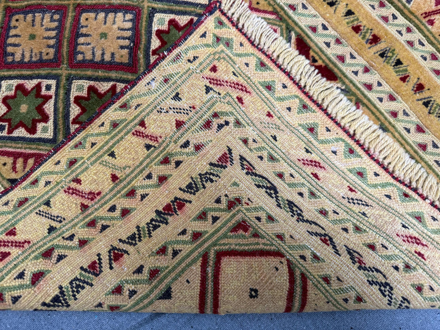 Handwoven Turkish Afghan Runner Rug - Vintage Wool Tribal Carpet - Gold, Red & Green Geometric Bohemian Hallway Rug 2.5 x 4.2 ft