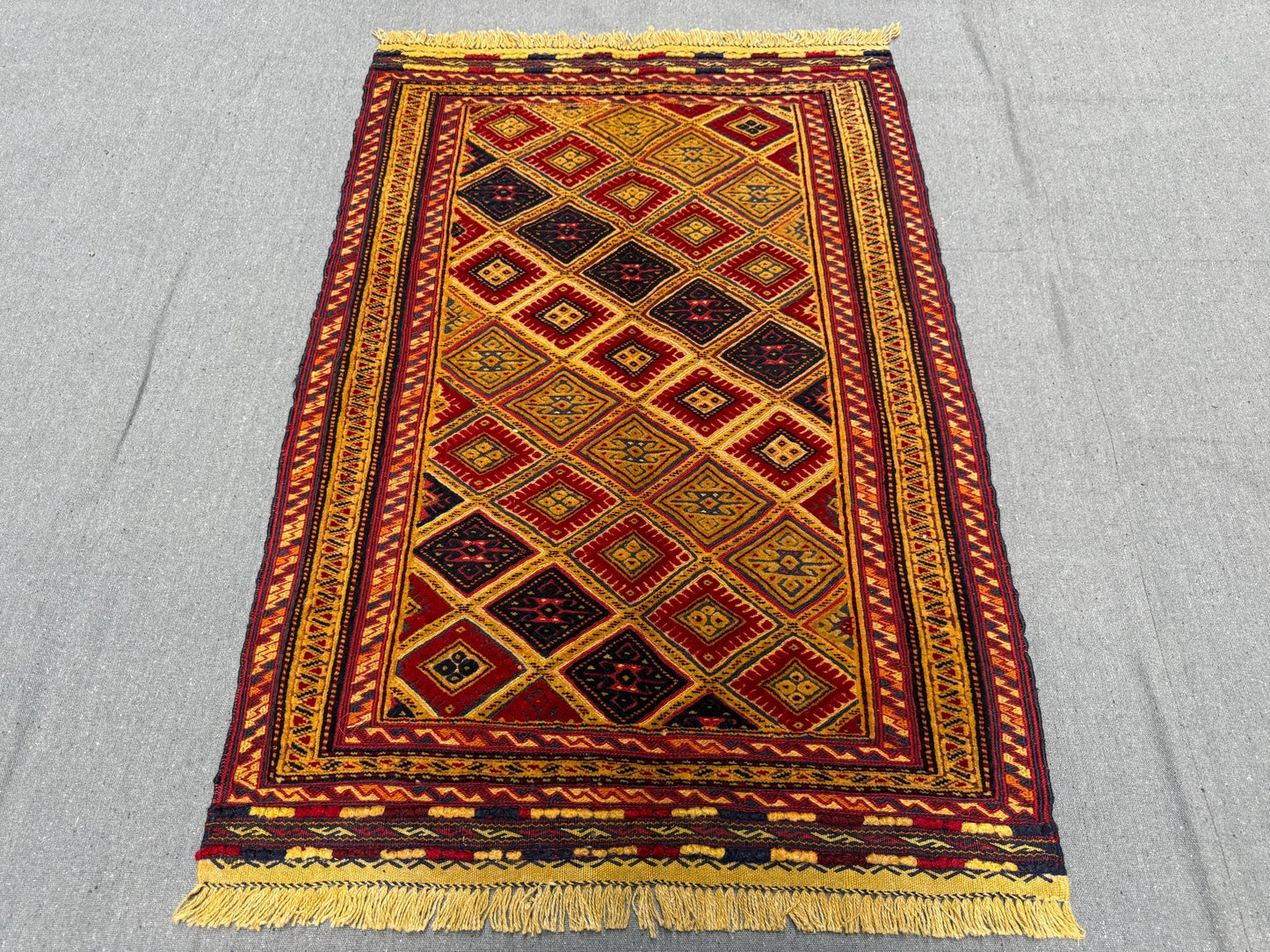 Handwoven Turkish Afghan Runner Rug - Vintage Wool Tribal Carpet - Red, Gold & Black Geometric Oriental Hallway Rug 2.7 x 3.9 ft