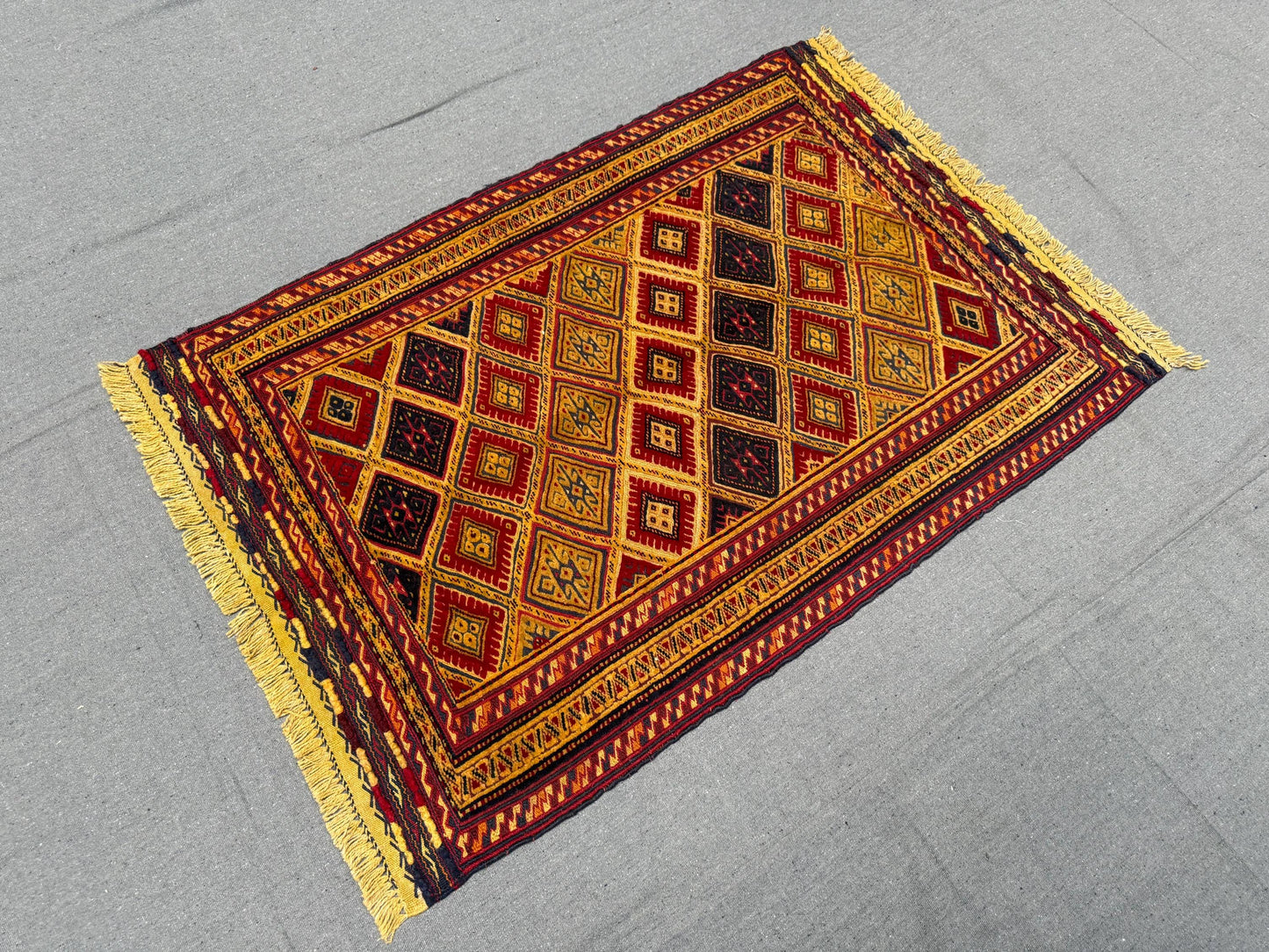 Handwoven Turkish Afghan Runner Rug - Vintage Wool Tribal Carpet - Red, Gold & Black Geometric Oriental Hallway Rug 2.7 x 3.9 ft