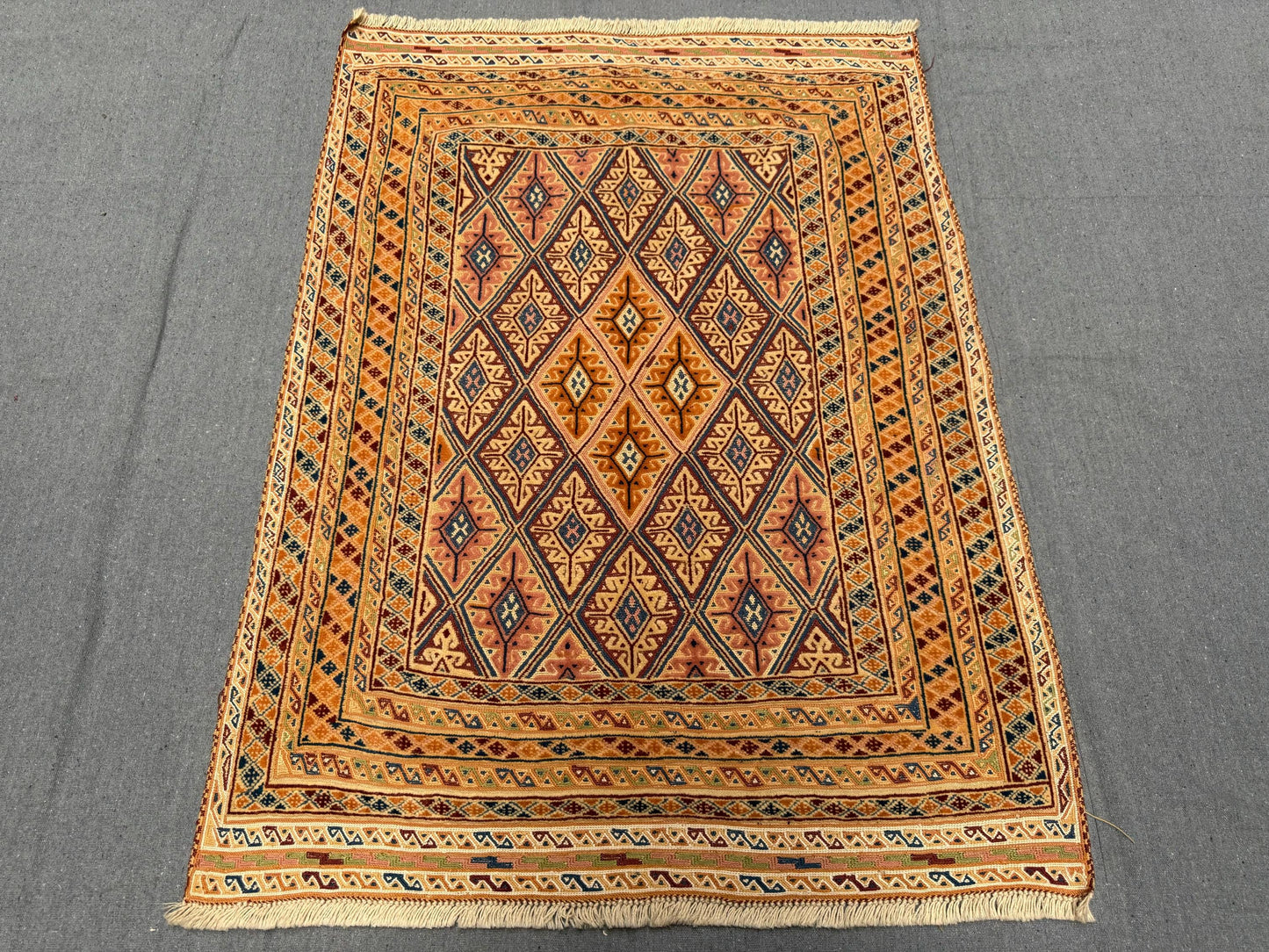 Vintage Turkish Afghan Rug - Handmade Wool Tribal Carpet - Beige, Brown & Blue Geometric Oriental Area Rug 2.2 x 4.2 ft