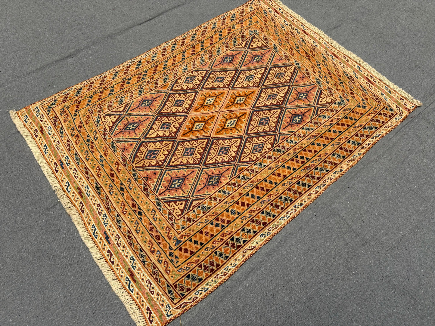 Vintage Turkish Afghan Rug - Handmade Wool Tribal Carpet - Beige, Brown & Blue Geometric Oriental Area Rug 2.2 x 4.2 ft