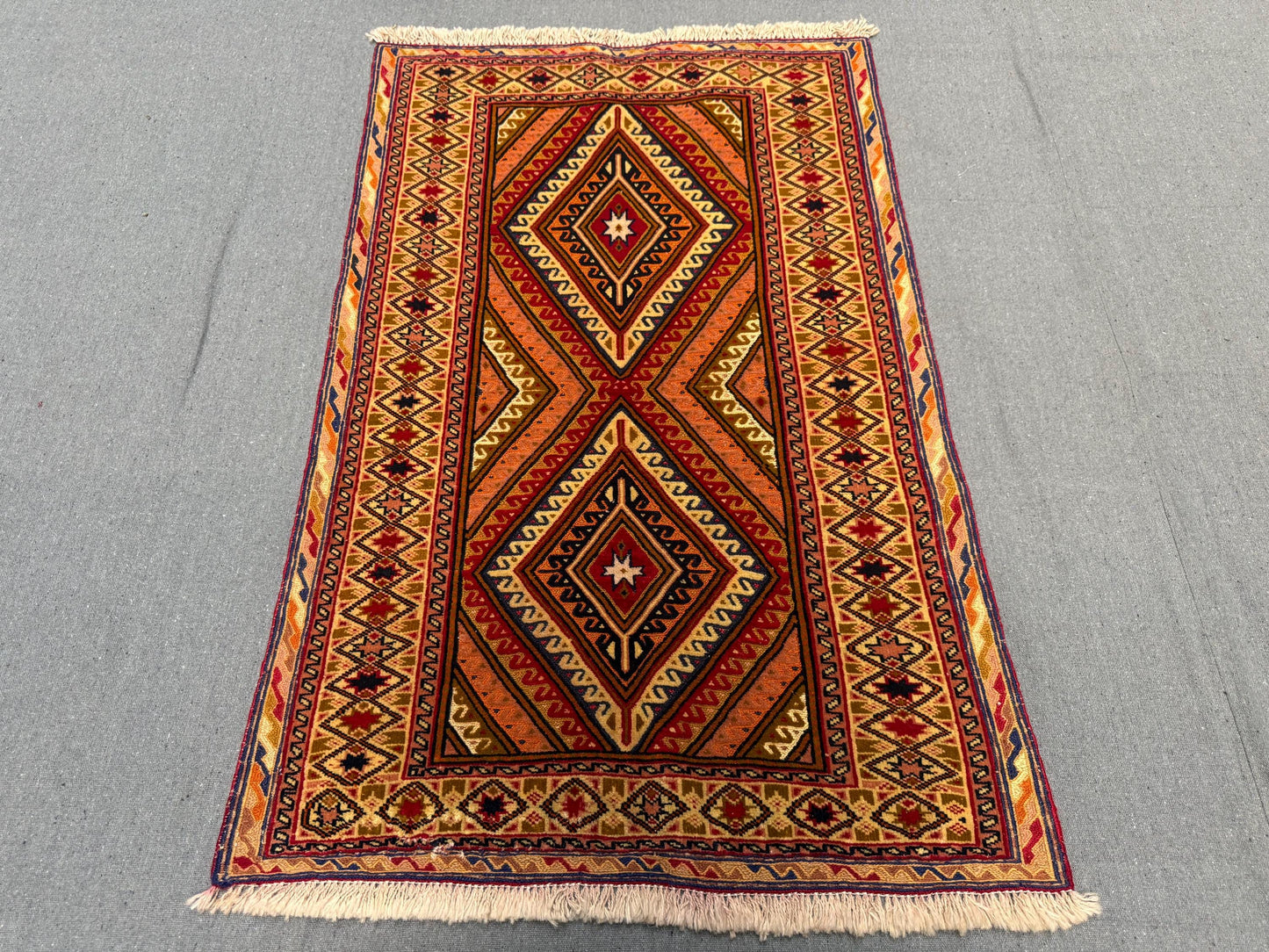 Vintage Turkish Afghan Runner Rug - Handwoven Wool Tribal Carpet - Red, Orange & Beige Geometric Oriental Rug 2.5 x 3.10 ft