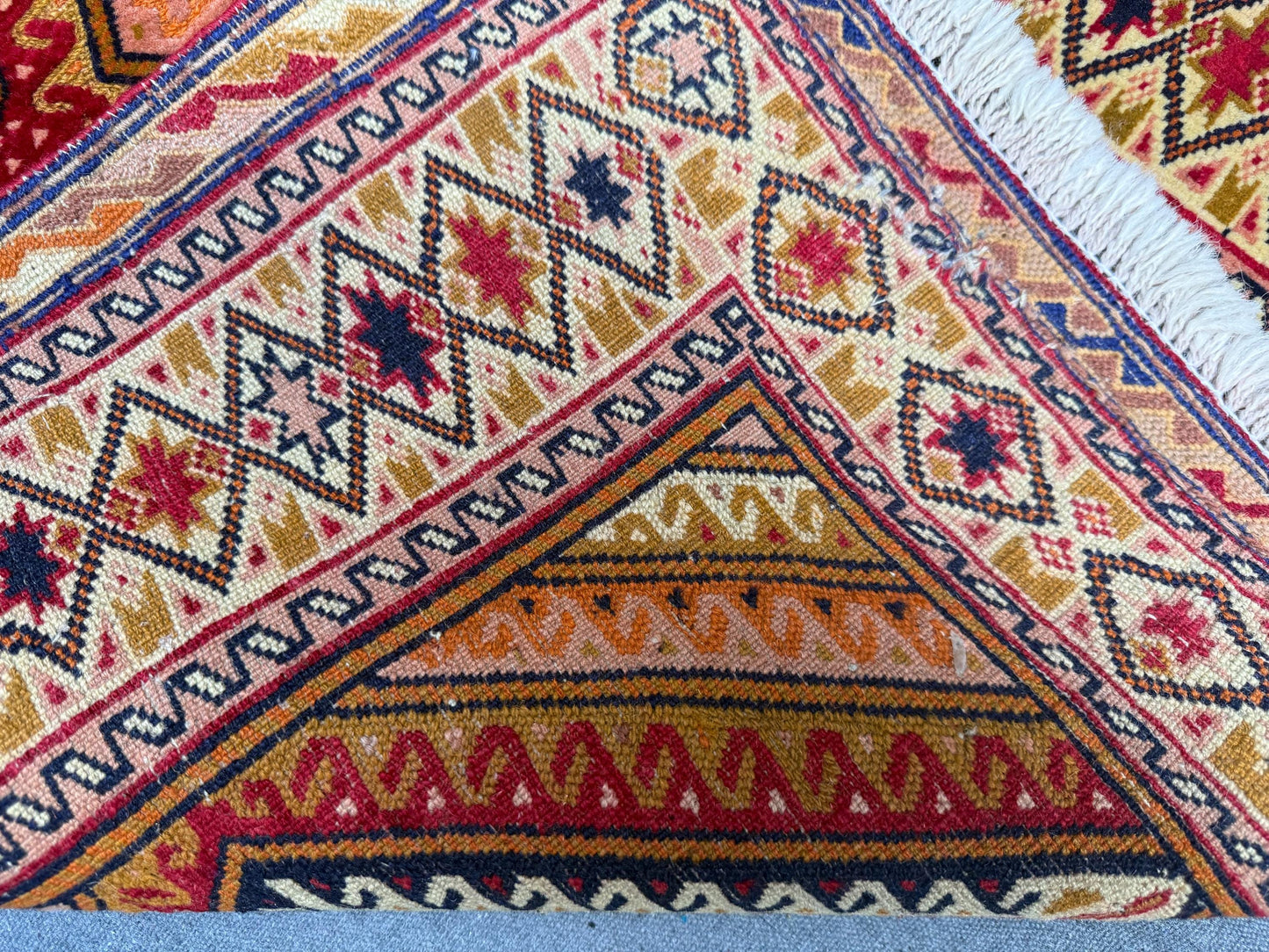 Vintage Turkish Afghan Runner Rug - Handwoven Wool Tribal Carpet - Red, Orange & Beige Geometric Oriental Rug 2.5 x 3.10 ft