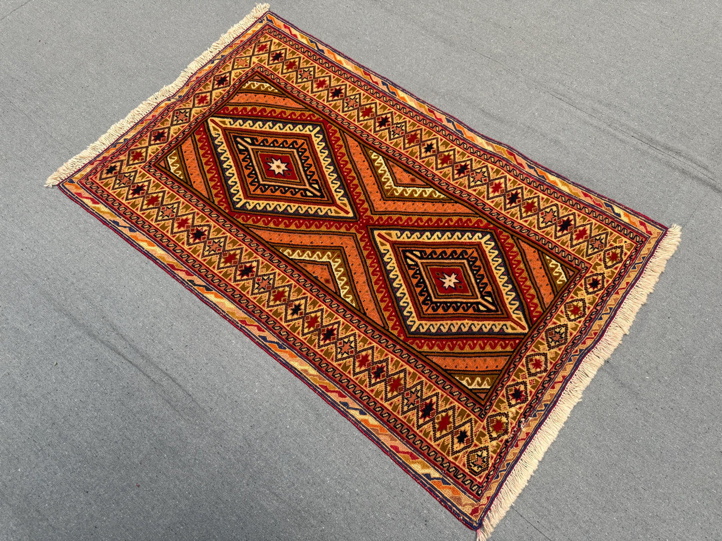 Vintage Turkish Afghan Runner Rug - Handwoven Wool Tribal Carpet - Red, Orange & Beige Geometric Oriental Rug 2.5 x 3.10 ft