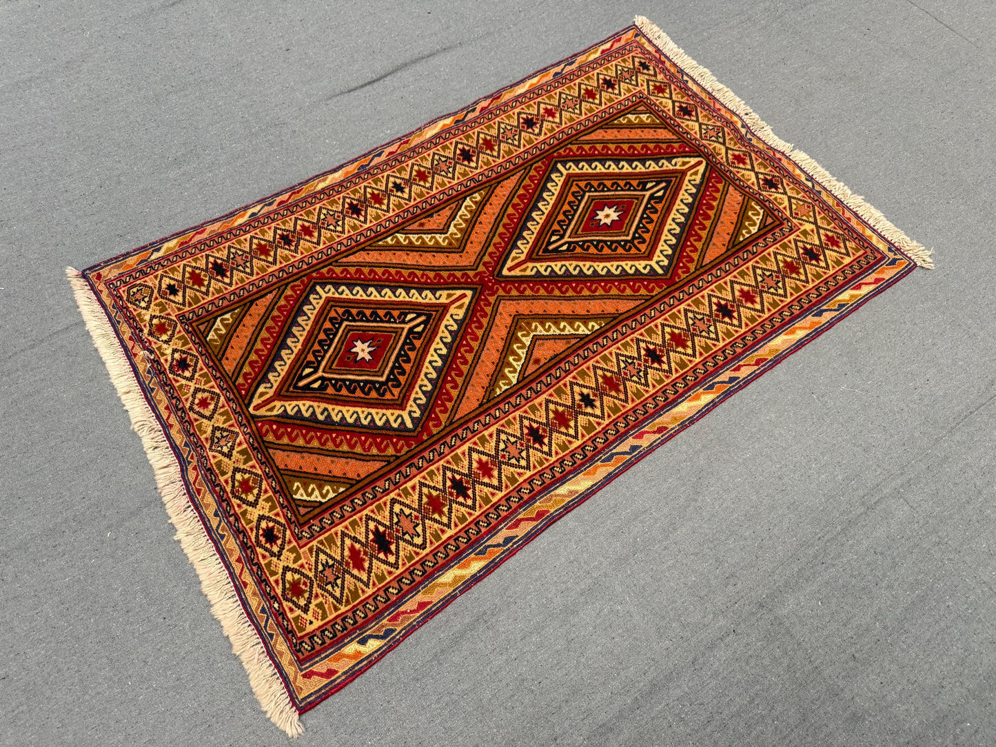 Vintage Turkish Afghan Runner Rug - Handwoven Wool Tribal Carpet - Red, Orange & Beige Geometric Oriental Rug 2.5 x 3.10 ft