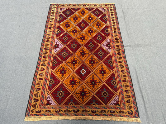 2.10 x 4.5 ft Handwoven Khal Mohammadi Rug - Vintage Afghan Wool Carpet - Red, Orange & Purple Geometric Tribal Runner