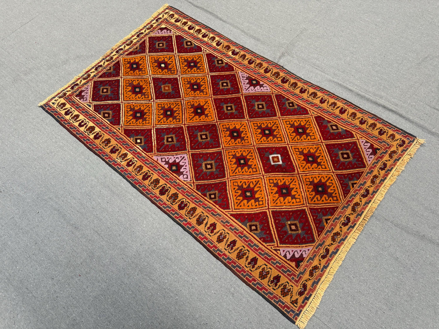 2.10 x 4.5 ft Handwoven Khal Mohammadi Rug - Vintage Afghan Wool Carpet - Red, Orange & Purple Geometric Tribal Runner