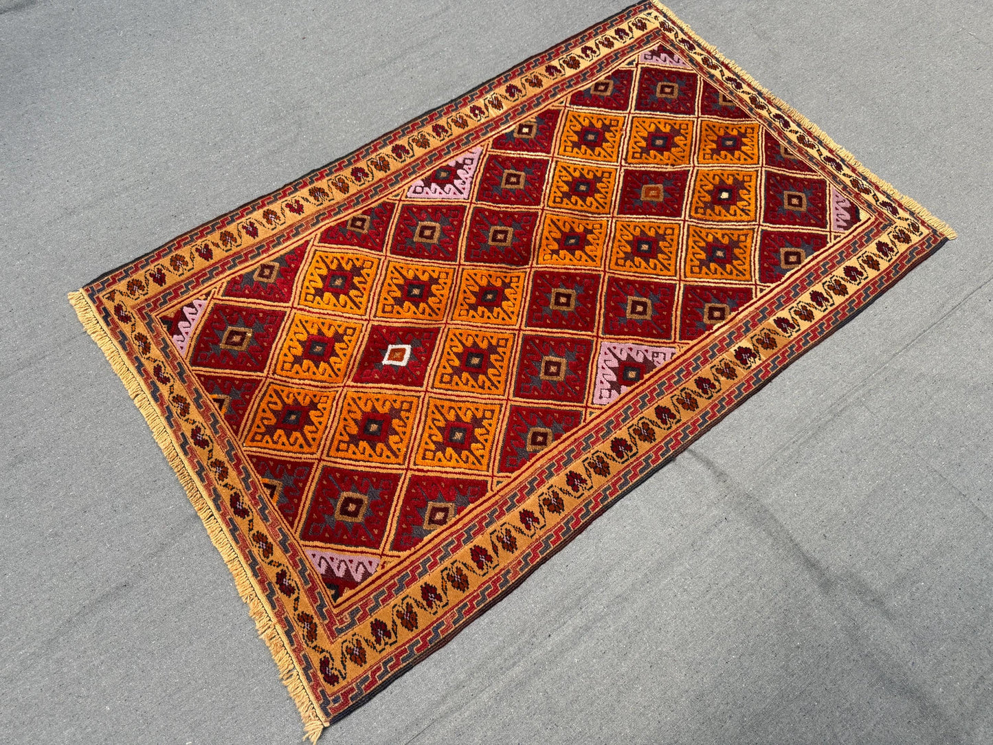 2.10 x 4.5 ft Handwoven Khal Mohammadi Rug - Vintage Afghan Wool Carpet - Red, Orange & Purple Geometric Tribal Runner