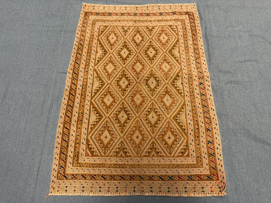 Handwoven Persian Afghan Rug - Vintage Wool Tribal Carpet - Beige & Brown Geometric Oriental Area Rug 2.7 x 3.8 ft