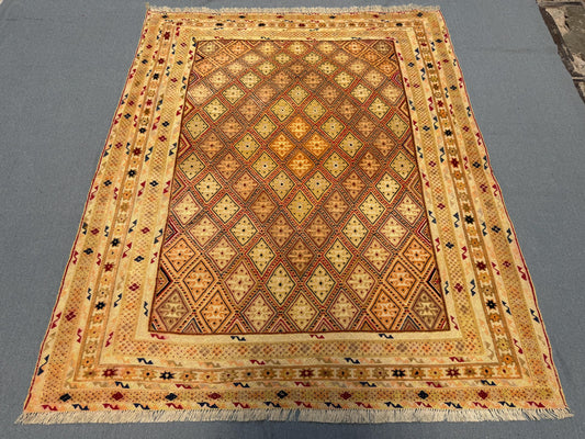 Handwoven Afghan Turkish Rug - Vintage Wool Oriental Carpet - Beige, Gold & Brown Geometric Tribal Rug 5 x 6.2 ft