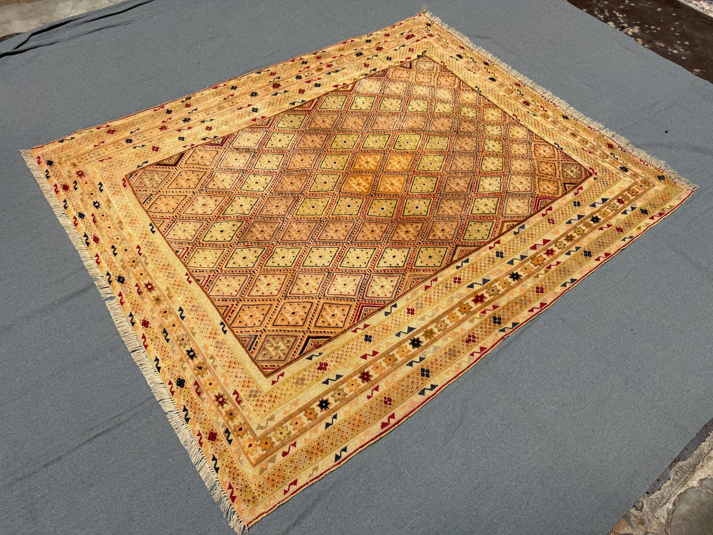 Handwoven Afghan Turkish Rug - Vintage Wool Oriental Carpet - Beige, Gold & Brown Geometric Tribal Rug 5 x 6.2 ft