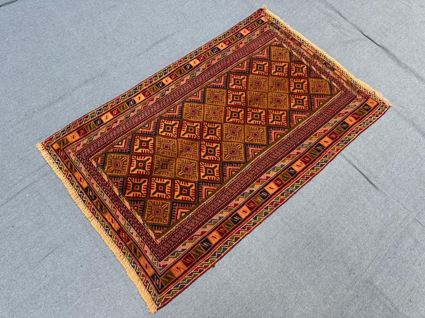 Handwoven Afghan Turkish Rug - Vintage Wool Oriental Carpet - Red, Orange & Black Geometric Tribal Rug 2.4 x 3.7 ft