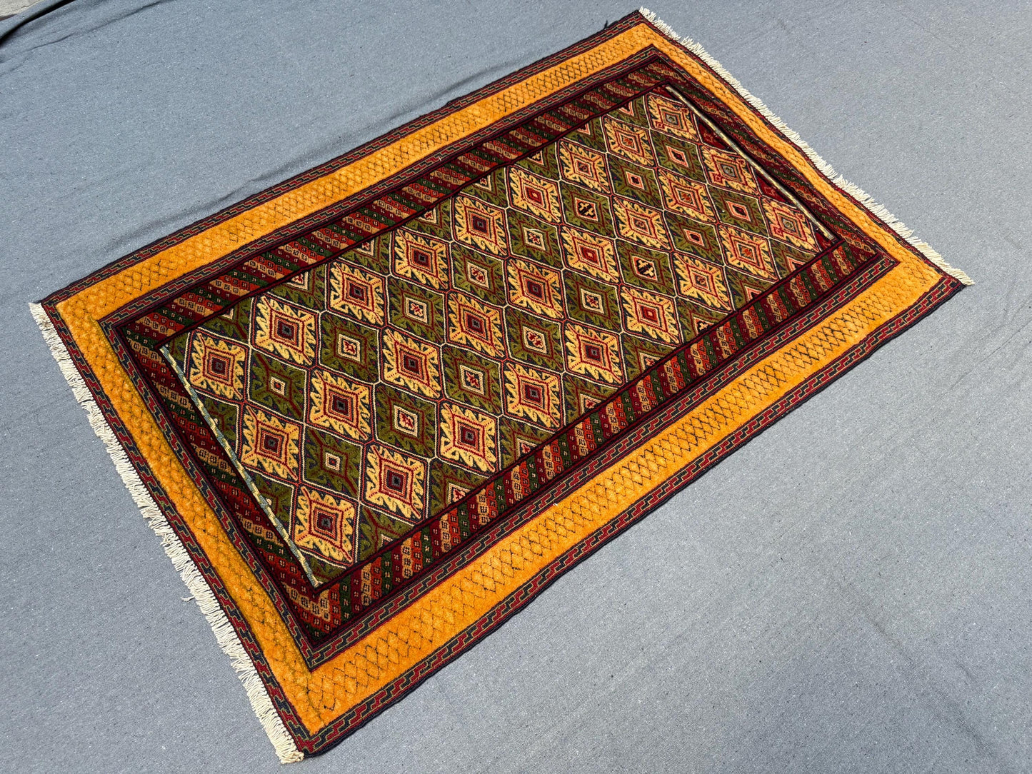 Handwoven Afghan Turkish Rug - Vintage Wool Oriental Carpet - Green, Gold & Red Geometric Tribal Runner 3.2 x 4.8 ft