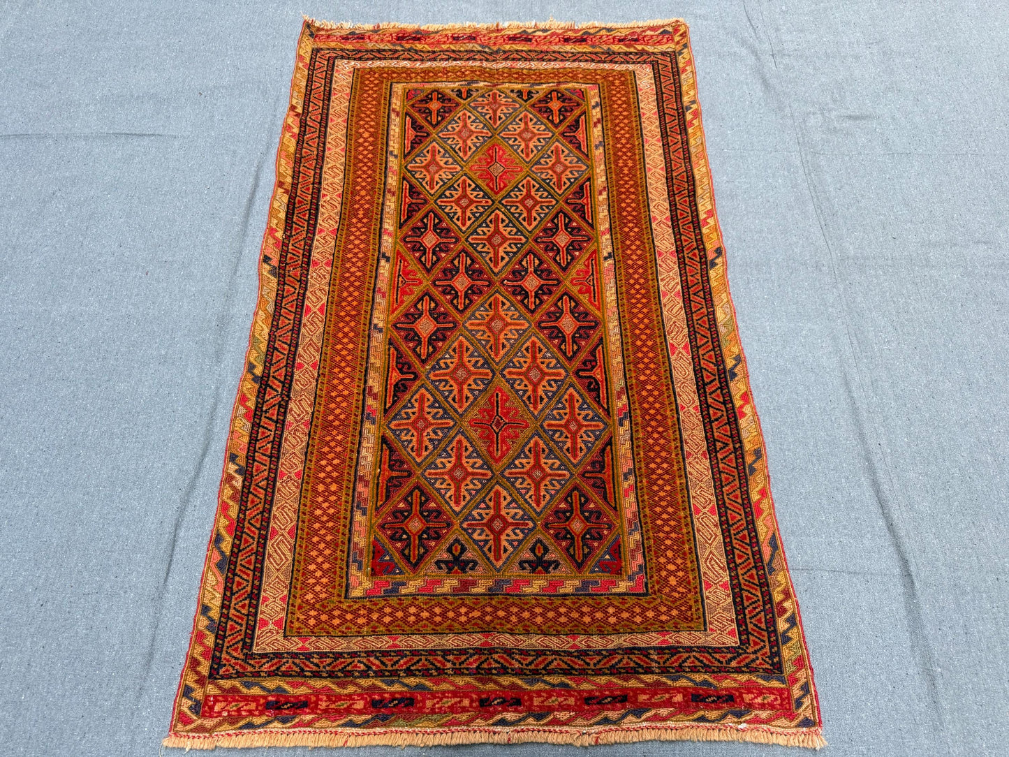 Handwoven Afghan Turkish Rug - Vintage Wool Tribal Carpet - Red, Orange & Blue Geometric Oriental Runner 2.3 x 4.10 ft